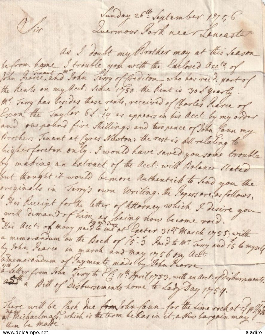 1756 - KGII - 2 Page Entire Letter From Quermoor Park Near LANCASTER To UGBROOKE HOUSE Near CHUDLEIGH, Devon - ...-1840 Precursori