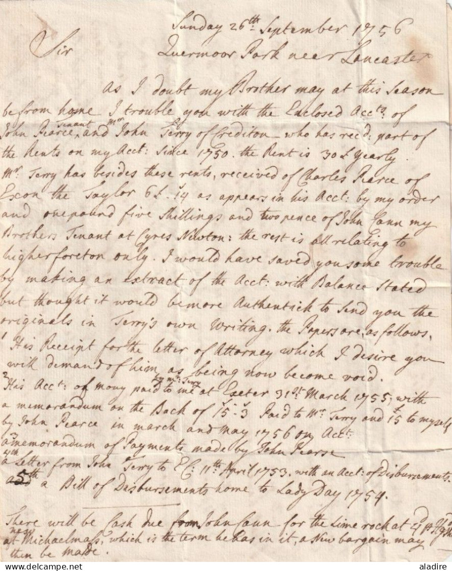 1756 - KGII - 2 Page Entire Letter From Quermoor Park Near LANCASTER To UGBROOKE HOUSE Near CHUDLEIGH, Devon - ...-1840 Prephilately