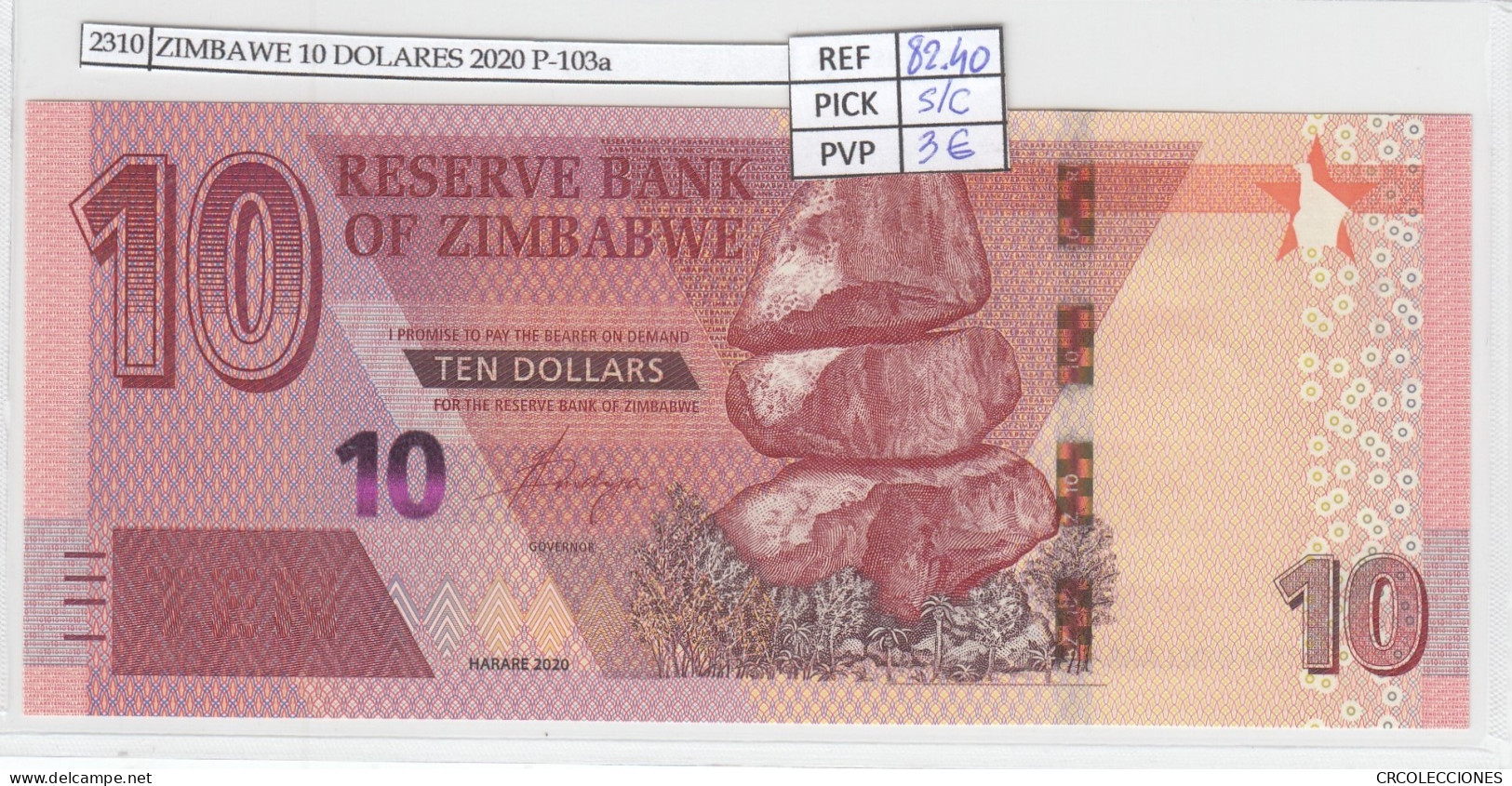 BILLETE ZIMBABWE 10 DOLARES 2020 P-103a SIN CIRCULAR - Otros – Africa