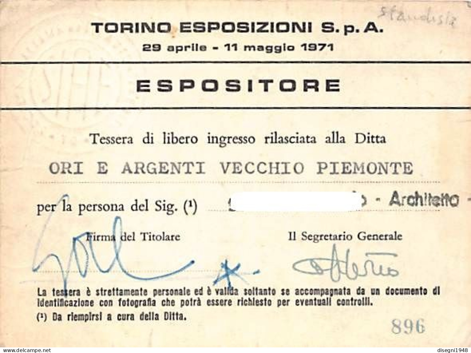 12715 "TORINO ESPOSIZIONI - 8° SALONE INTERN. DELLE ARTI DOMESTICHE - TESSERA D'INGRESSO N° 896 - 1971" ORIG. - Sonstige & Ohne Zuordnung