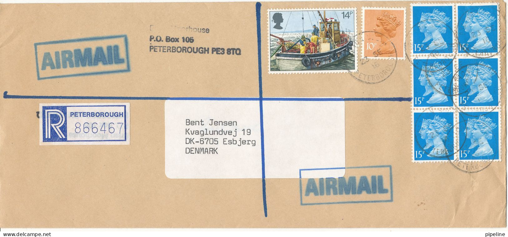 Great Britain Registered Air Mail Cover Sent To Denmark Peterborough - Briefe U. Dokumente