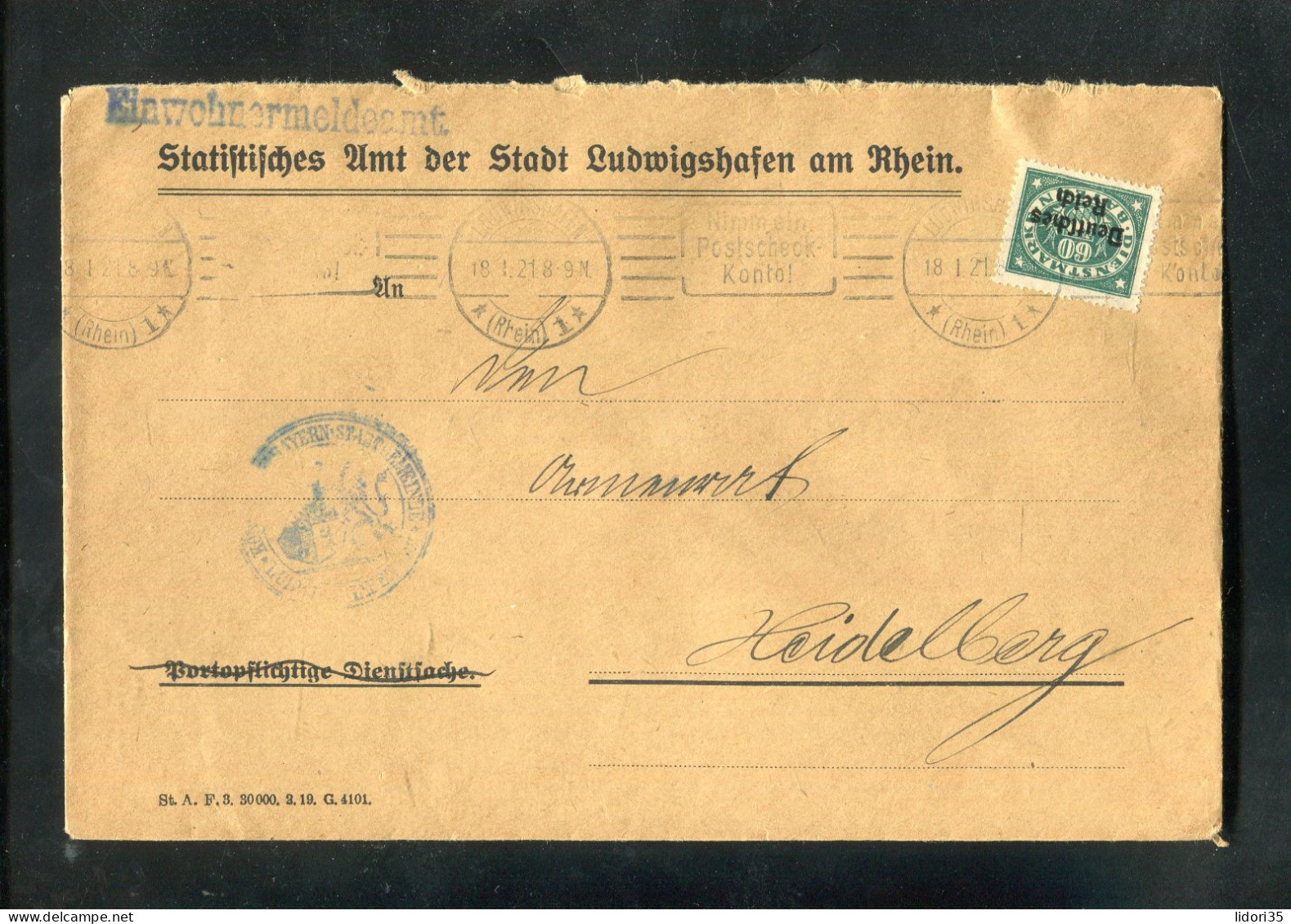 "DEUTSCHES REICH" 1921, Dienstbrief Ex Statistisches Amt Ludwigshafen Nach Heidelberg (L0138) - Oficial