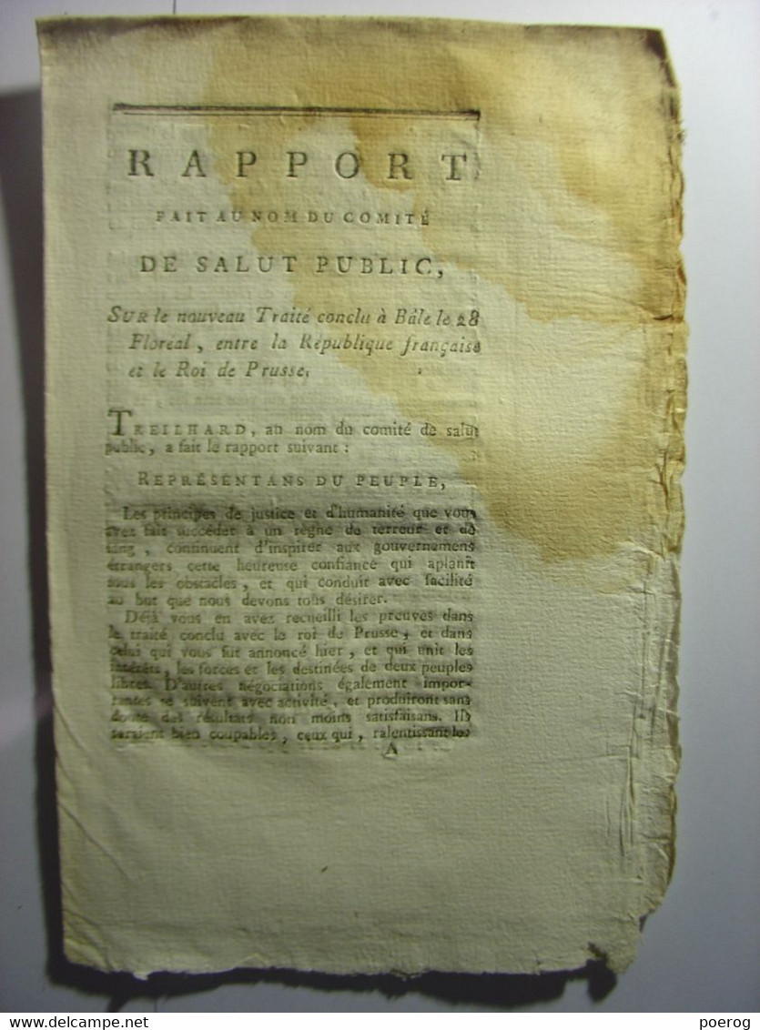 RAPPORT CONVENTION NATIONALE - 1795 - TRAITE DE BALE ENTRE LA FRANCE ET LA PRUSSE PRUSSE - TREILHARD - Decrees & Laws