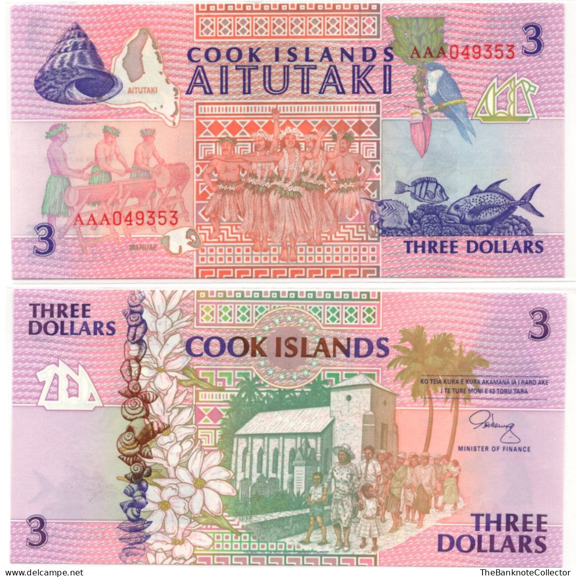 Cook Islands 3 Dollars ND 1992 UNC P-7 - Cook