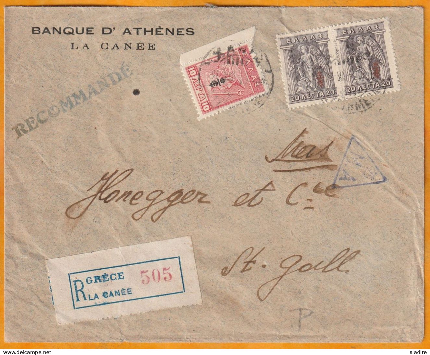 1920 - Enveloppe Recommandée De τα Χανιά LA CANEE, CRETE, Κρήτη, GRECE Ελλάδα Vers Saint-Gall, Suisse - Crete