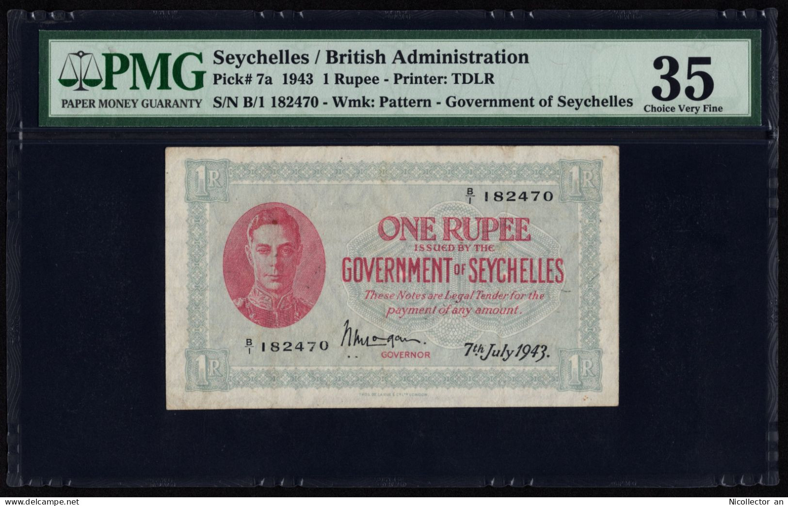 SEYCHELLES 1 Rupee, 1943. P-7a. PMG Choice Very Fine 35. - Seychellen