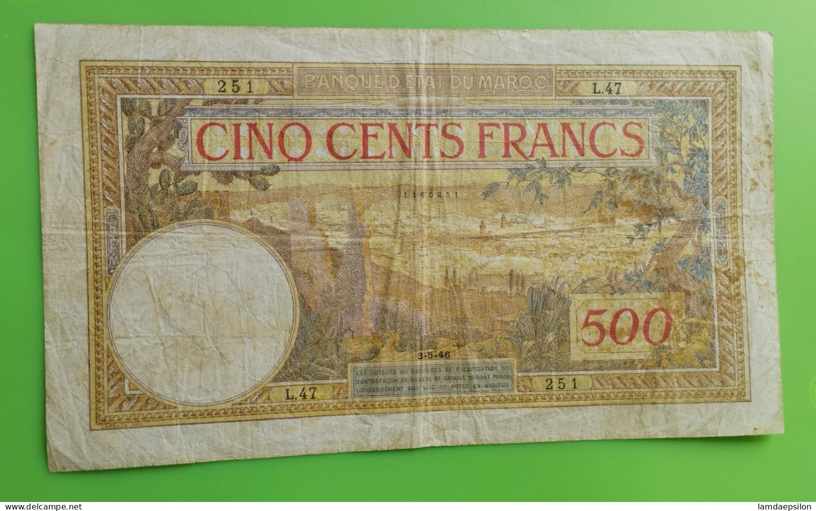 MAROC MOROCCO MARRUECOS MAROKKO BANQUE D'ETAT 500 FRANC 1946 - Morocco