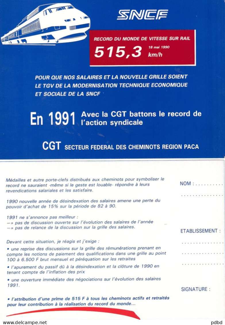 SNCF 24  . CGT PACA 1991 . TGV . Record De Vitesse . Salaires Et Grille . - Eisenbahnverkehr