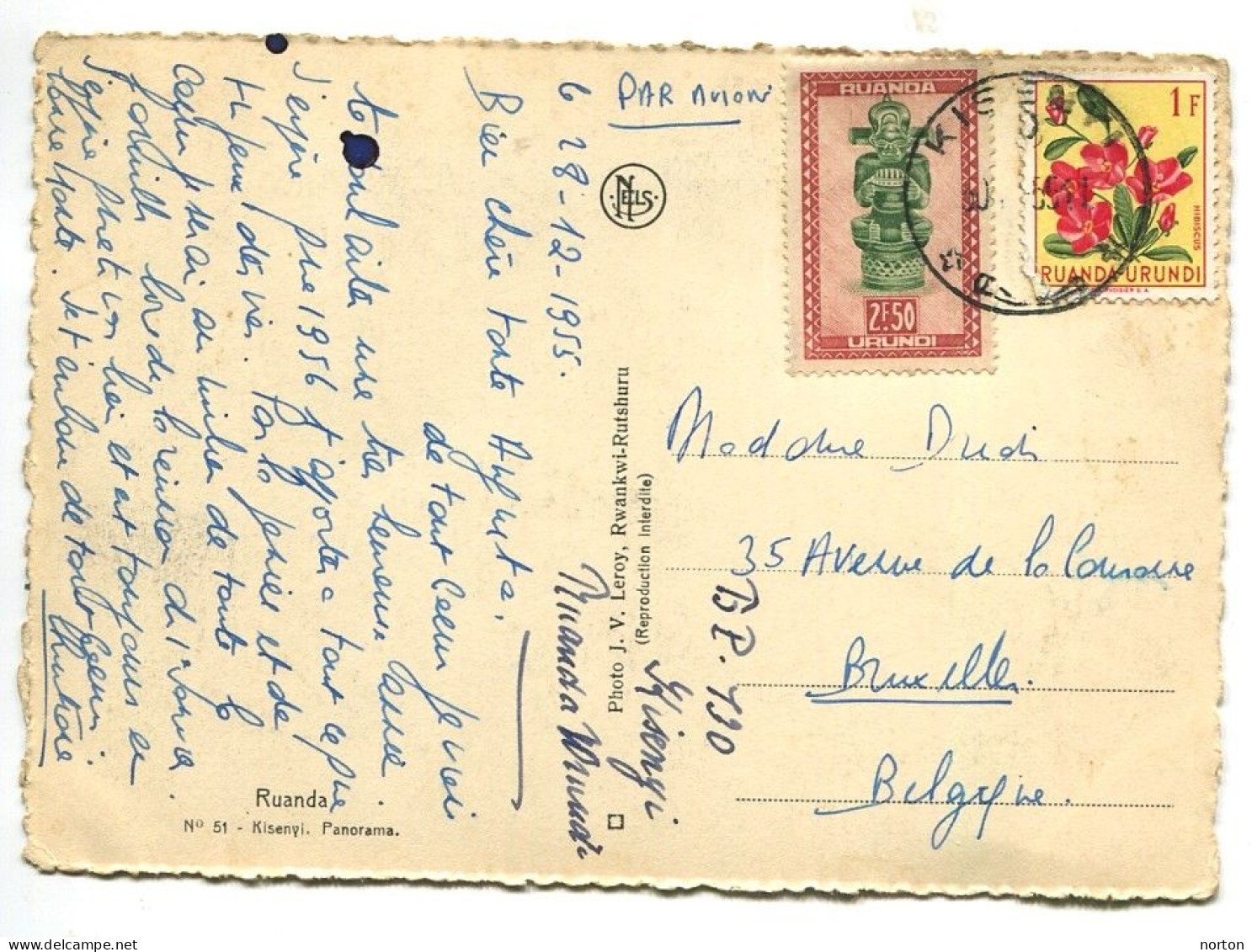 Ruanda-Urundi Kisenyi Oblit. Keach 11(D)1 Sur C.O.B. 165 + 185 Carte Postale Vers Bruxelles Le 30/12/1955 - Lettres & Documents