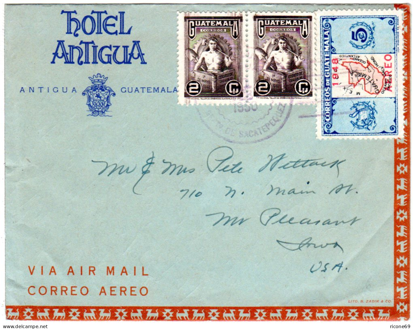 Guatemala 1950, 3 Marken Auf Hotel Antigua Luftpost Faltbrief N. USA. - Guatemala