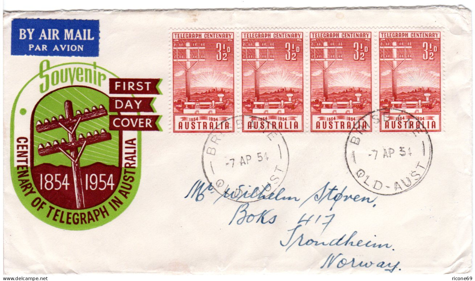 Australien 1954, MeF 7x3 1/2d Telegraph Centenary Auf FDC N. Norwegen - Oceania (Other)