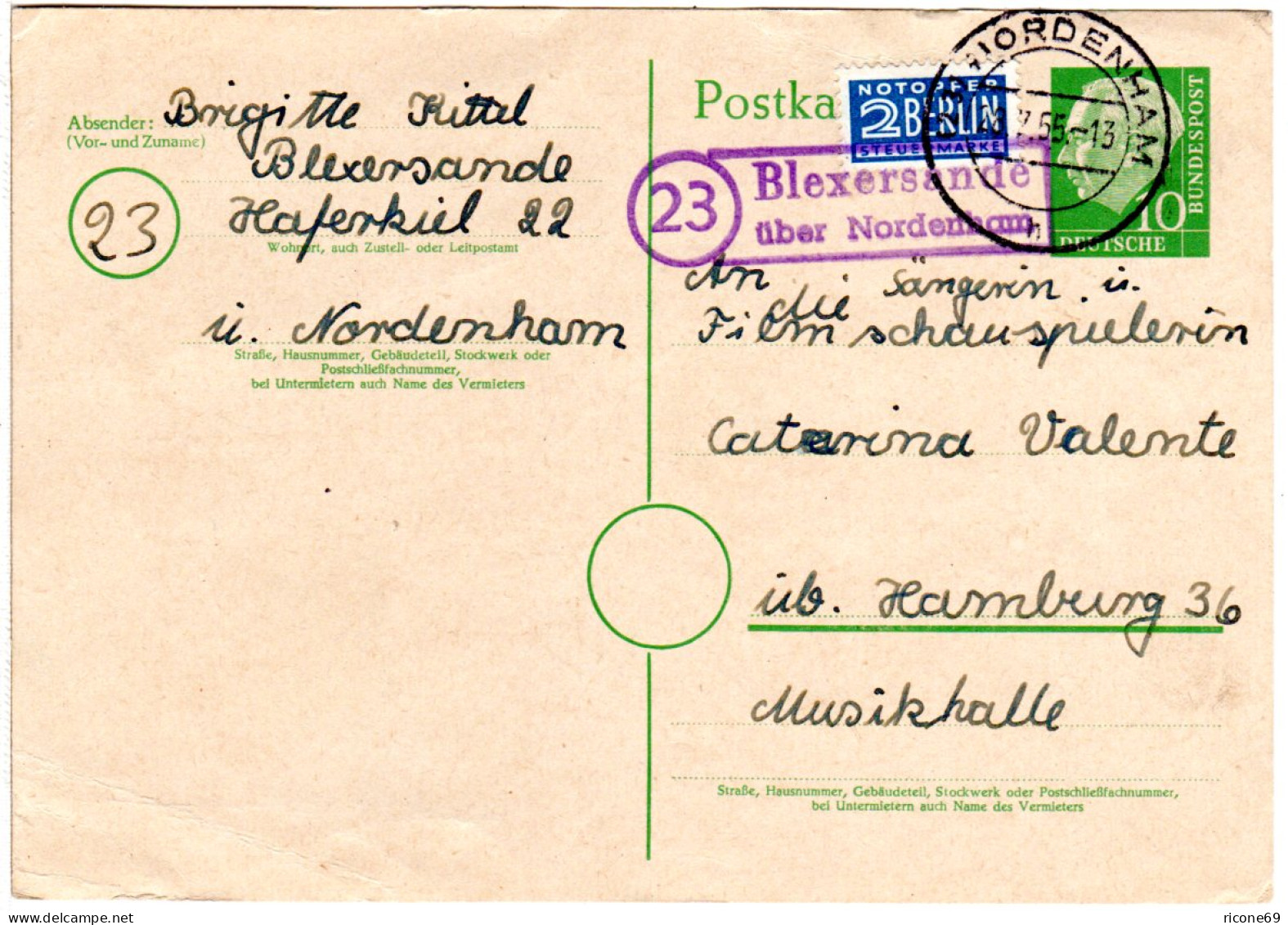 BRD 1955, Landpoststempel 23 BLEXERSANDE über Nordenham Auf 10 Pf. Ganzsache - Collections