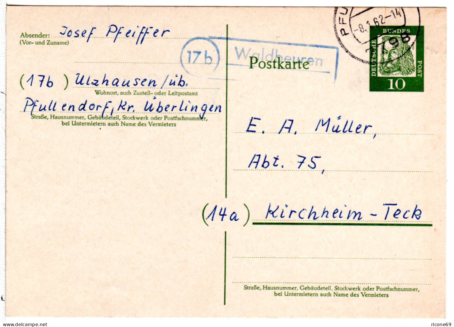 BRD 1962, Landpost Stpl. 17b WALDBEUREN über Pfullendorf Auf 10 Pf. Ganzsache - Collections