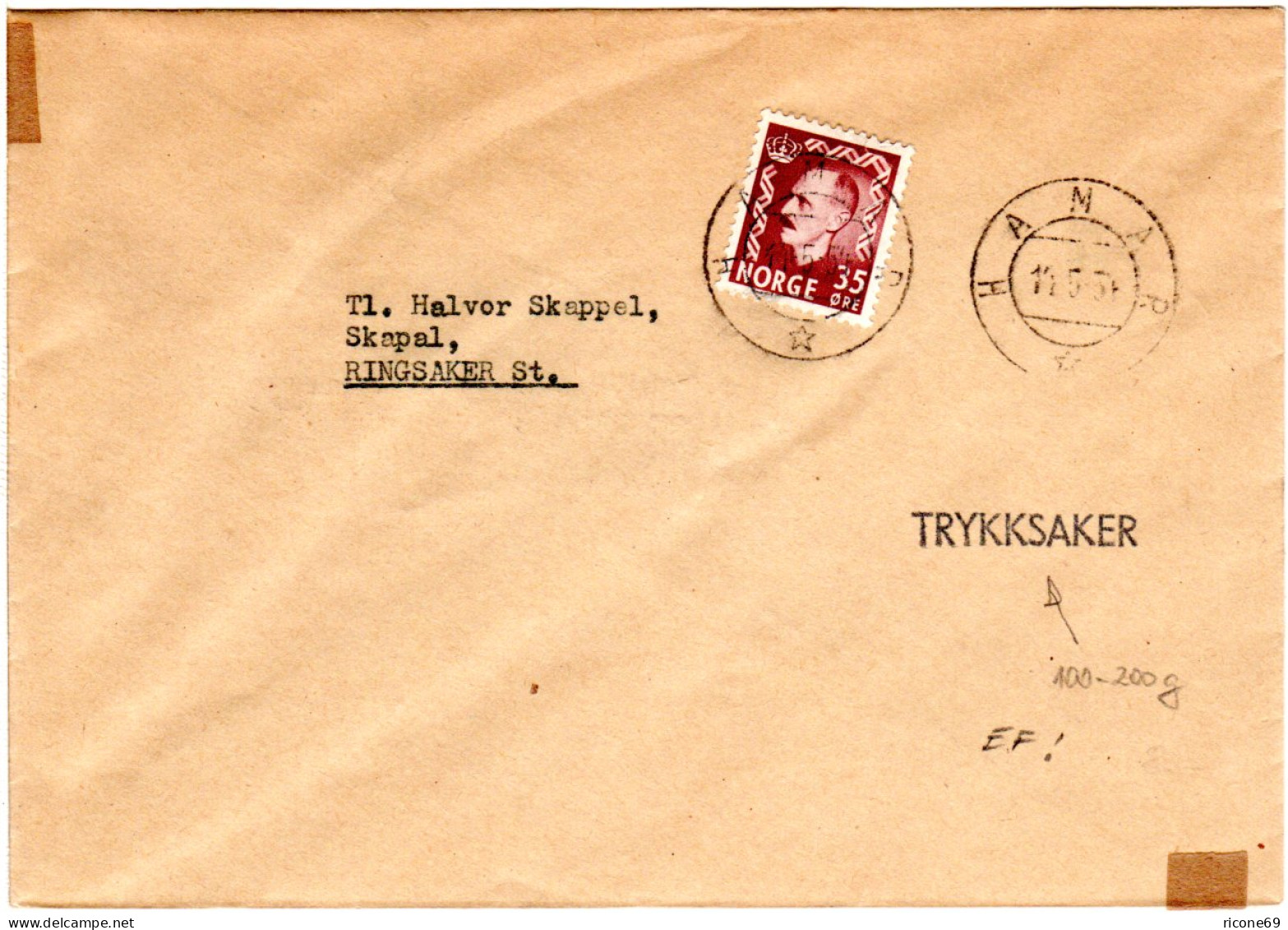 Norwegen 1954, EF 35 öre Auf Drucksache Brief (100-200 Gramm) V. Hamar. - Covers & Documents