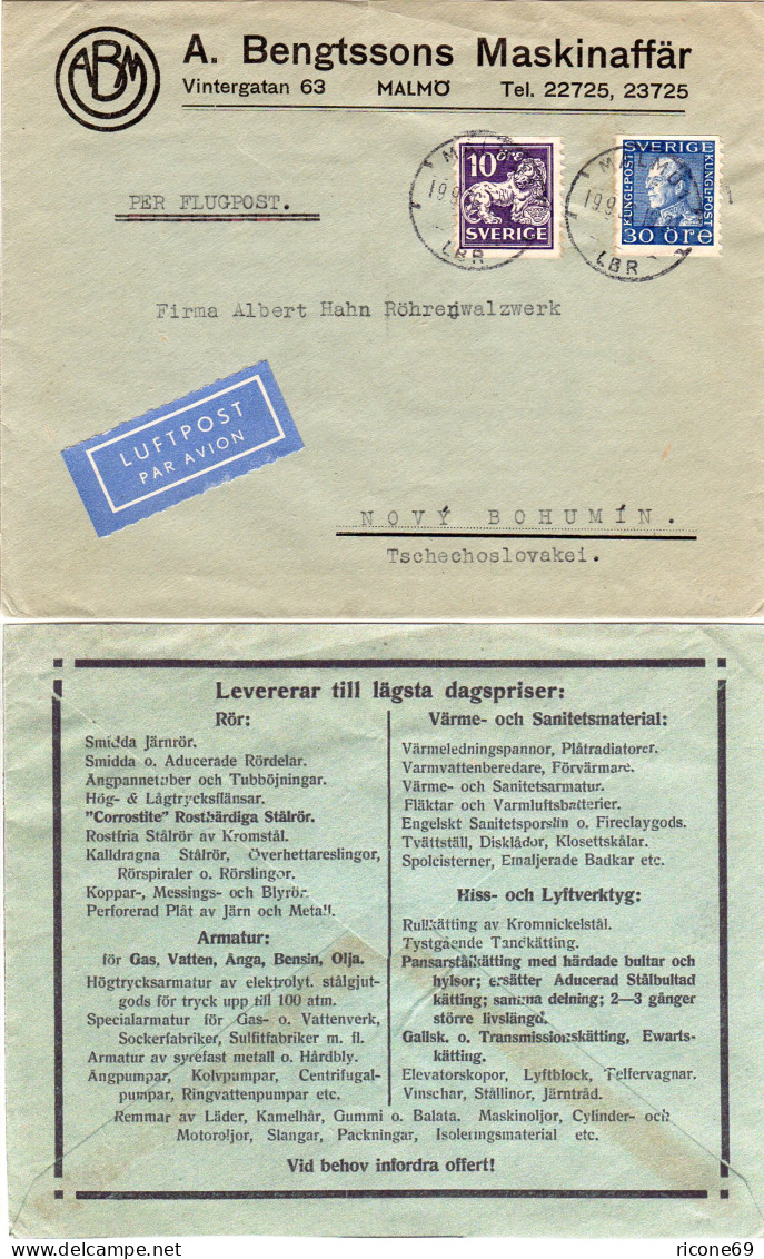 Schweden 1936, 10+30 öre Auf Luftpost Firmen Brief V MALMÖ I.d. Tschechoslowakei - Covers & Documents