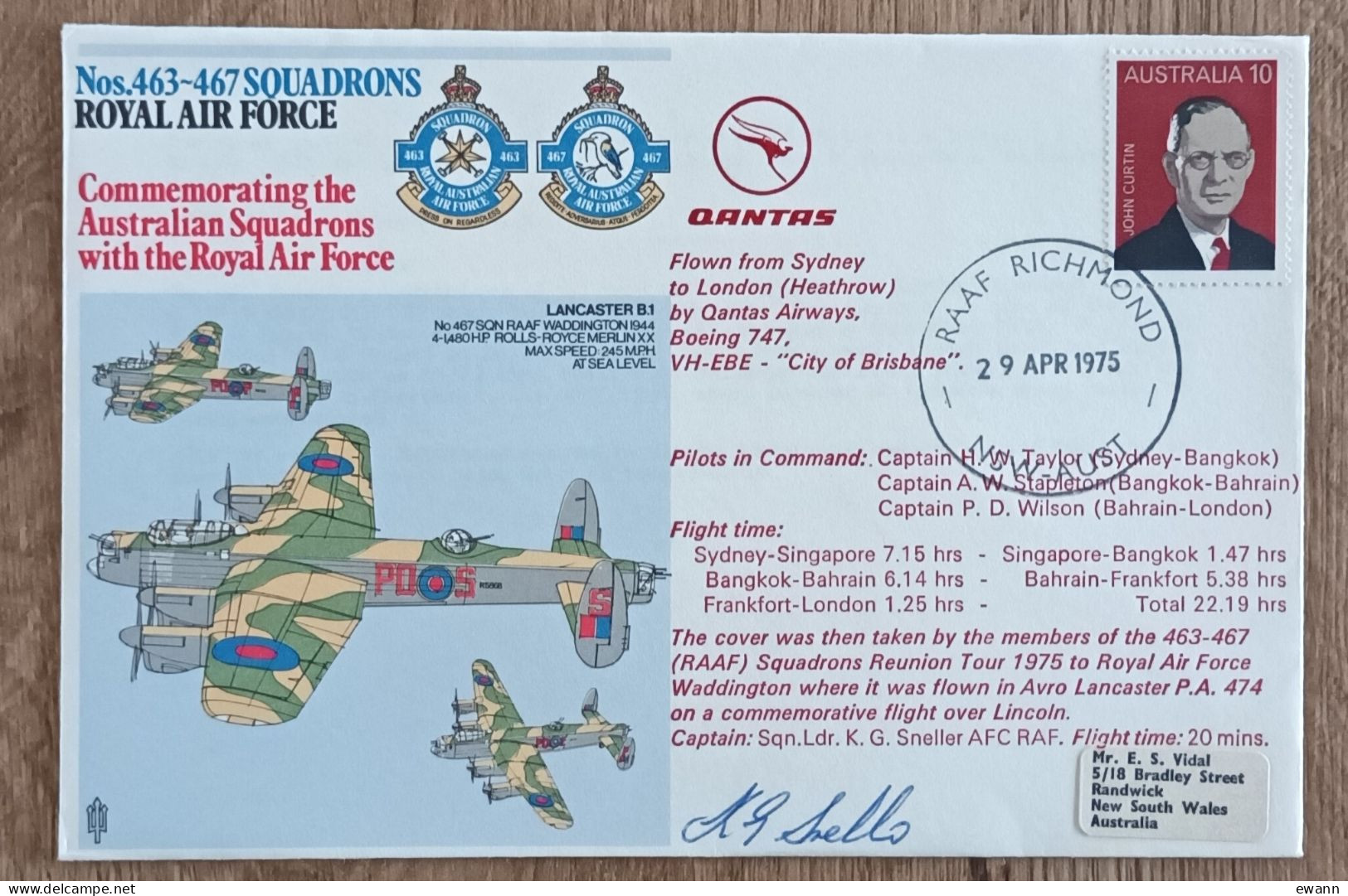 Australie - YT N°562 - SQUADRONS / ROYAL AIR FORCE - SYDNEY TO LONDON - 1975 - Eerste Vluchten