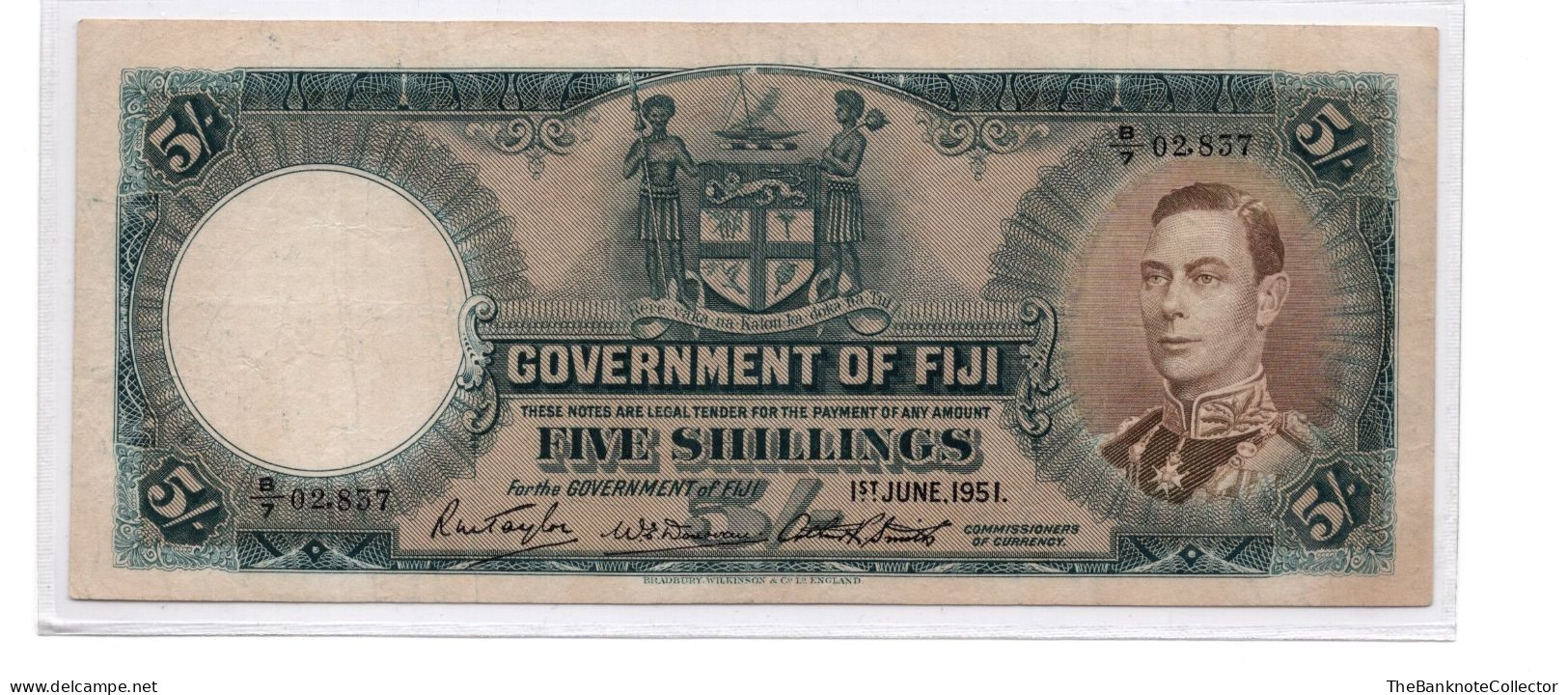 Fiji Five (5) Shillings  1951 King George VI P-37 VF - Fidschi