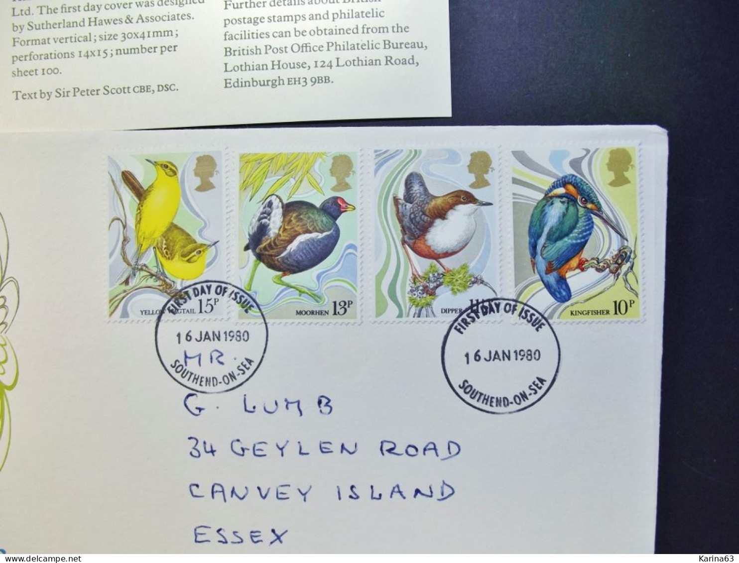 Great Britain - FDC - 1980 - 1 Envelope  - British Birds   - With Insert - Cancellation Southend-on Sea - Essex - 1971-1980 Dezimalausgaben