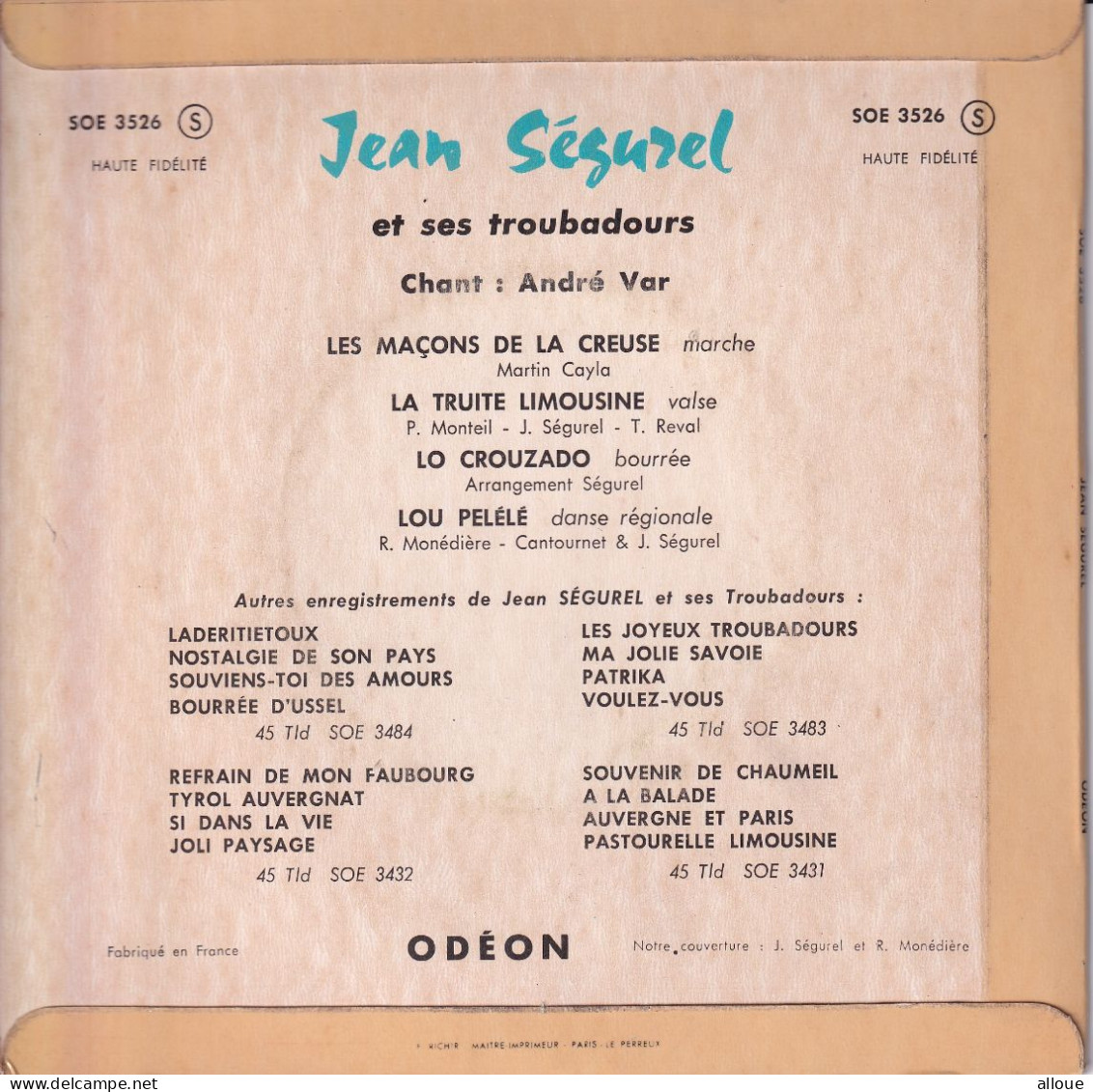 JEAN SEGUREL AVEC ANDRE VAR ET SES TROUBADOURS - EP FR  - LES MACONS DE LA CREUSE + 3 - Wereldmuziek