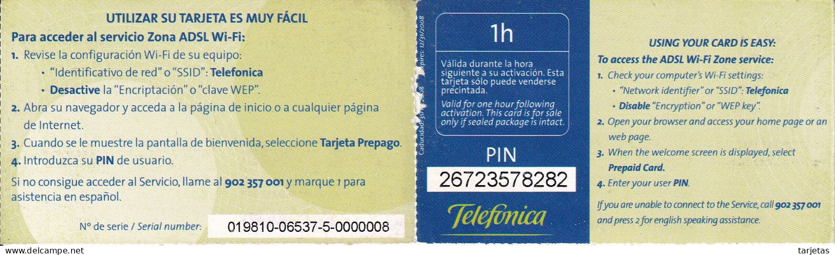 TARJETA DE ESPAÑA DE TELEFONICA ZONA ADSL WI-FI - Telefonica