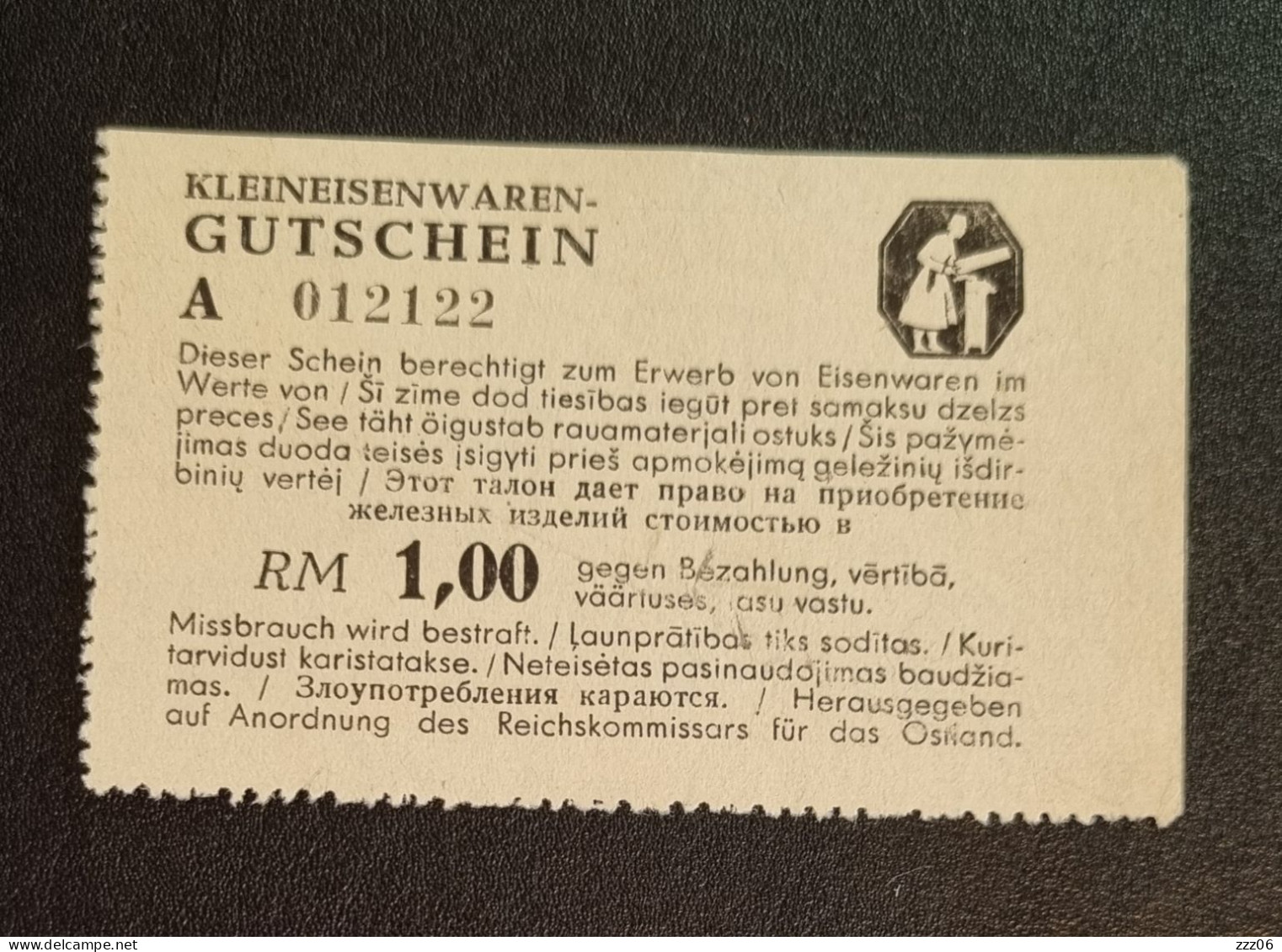 WW II ESTONIA LATVIA LITHUANIA RUSSIA COUPON FOR IRON MATERIALS OSTLAND RM 1.00 KLEINEISENWAREN GUTSCHEIN, Series A ! - WW2