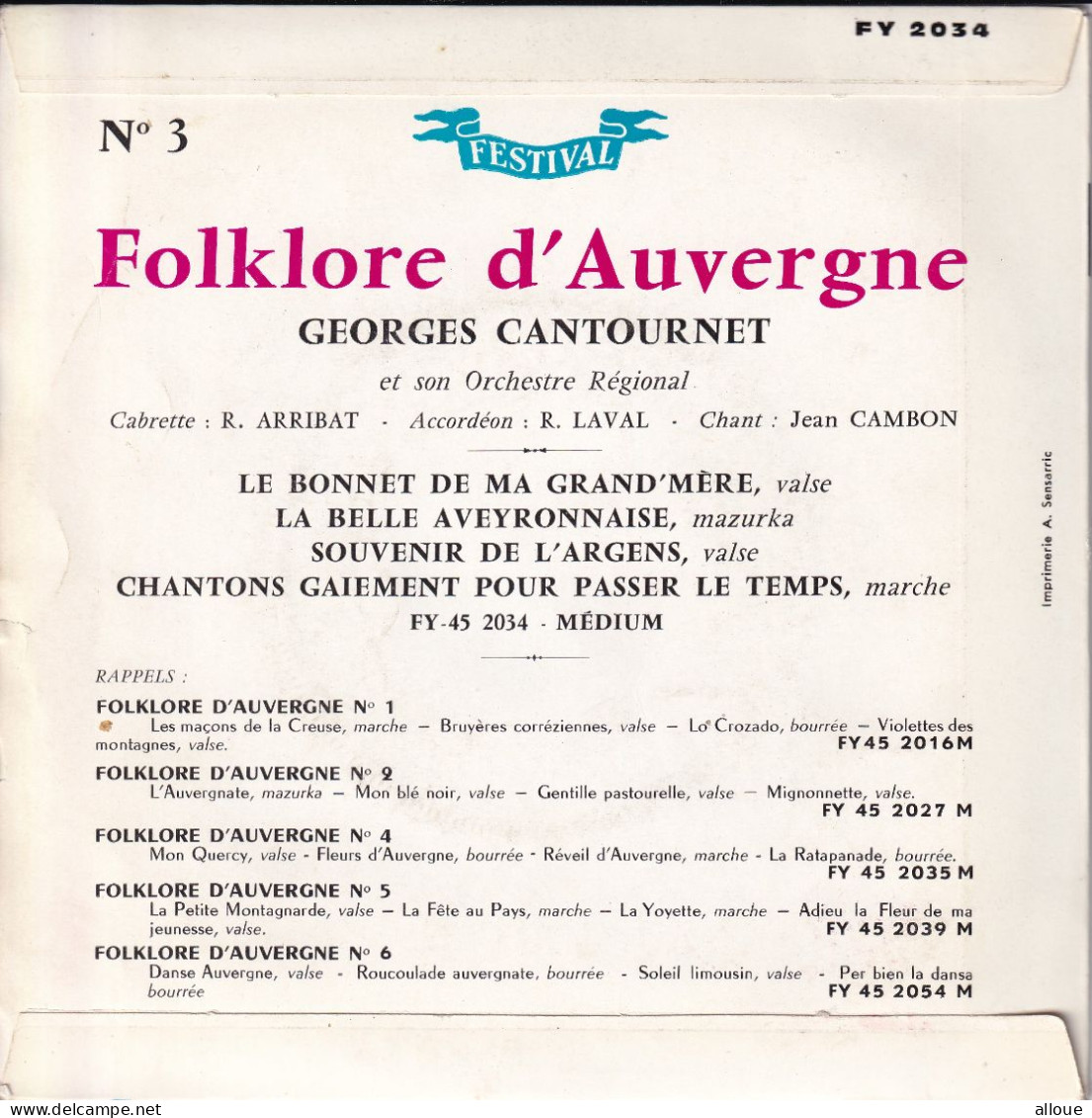 GEORGES CANTOURNET (FOLKLORE D'AUVERGNE N° 3) - EP FR  - LE BONNET DE MA GRAND'MERE + 3 - Musiche Del Mondo