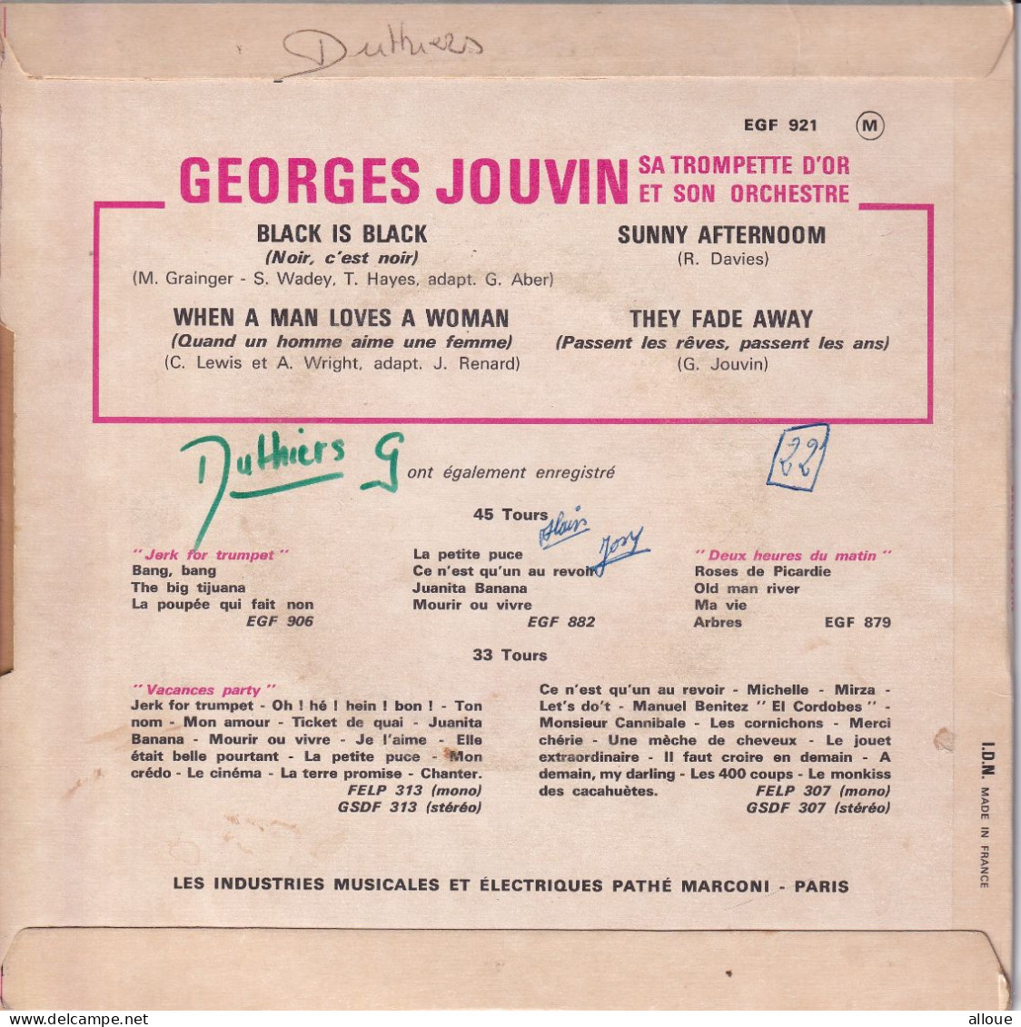 GEORGES JOUVIN ET SA TROMPETTE - FR EP - BLACK IS BLACK - SUNNY AFTERNOON (KINKS) - WHEN A MAN LOVES A WOMAN + 1 - Wereldmuziek