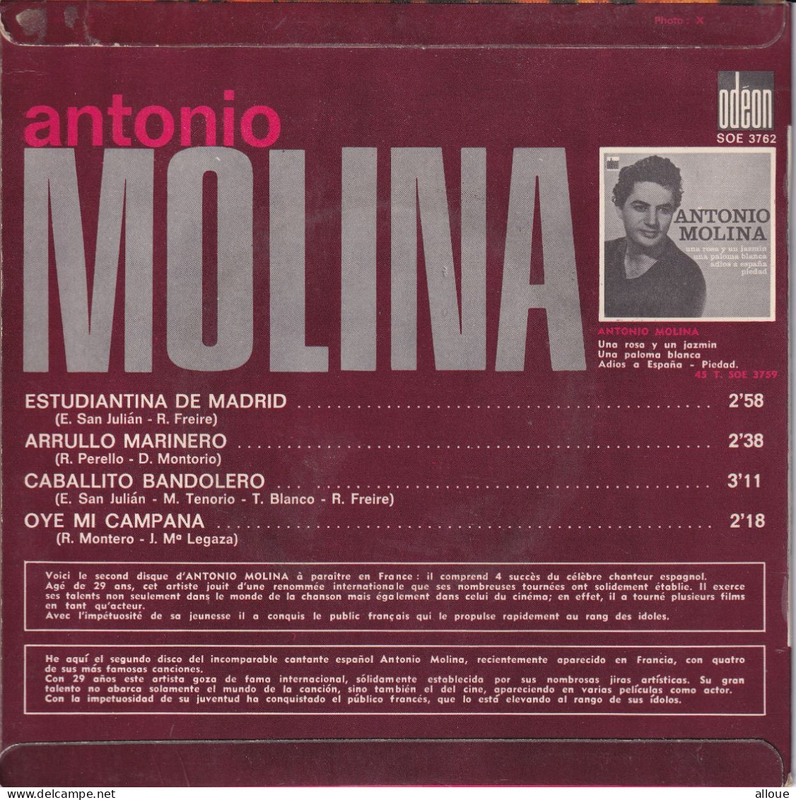 ANTONIO MOLINA - FR EP - ESTUDIANTINA DE MADRID + 3 - Wereldmuziek