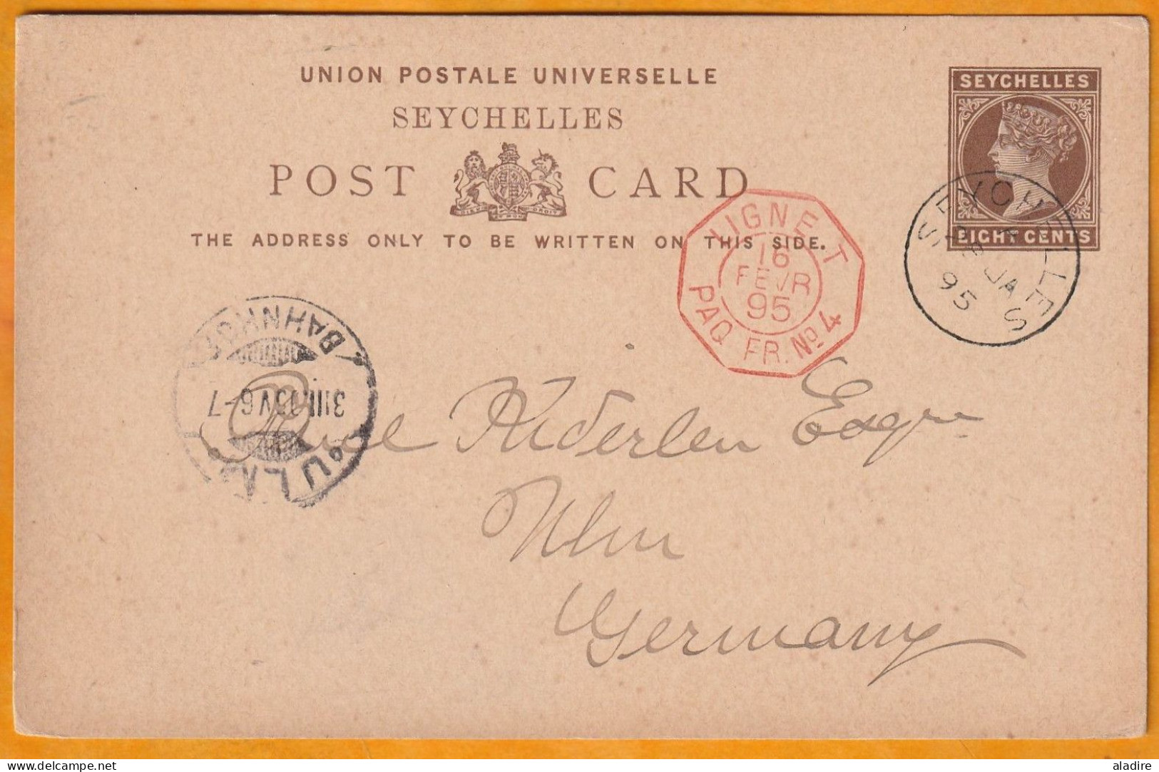 1895 - Sea Post - LIGNE T . PAQUEBOT FRANCAIS N° 4 Sur Entier Carte Postale 8 Cents Des SEYCHELLES Vers Ulm, Allemagne - Seychellen (...-1976)