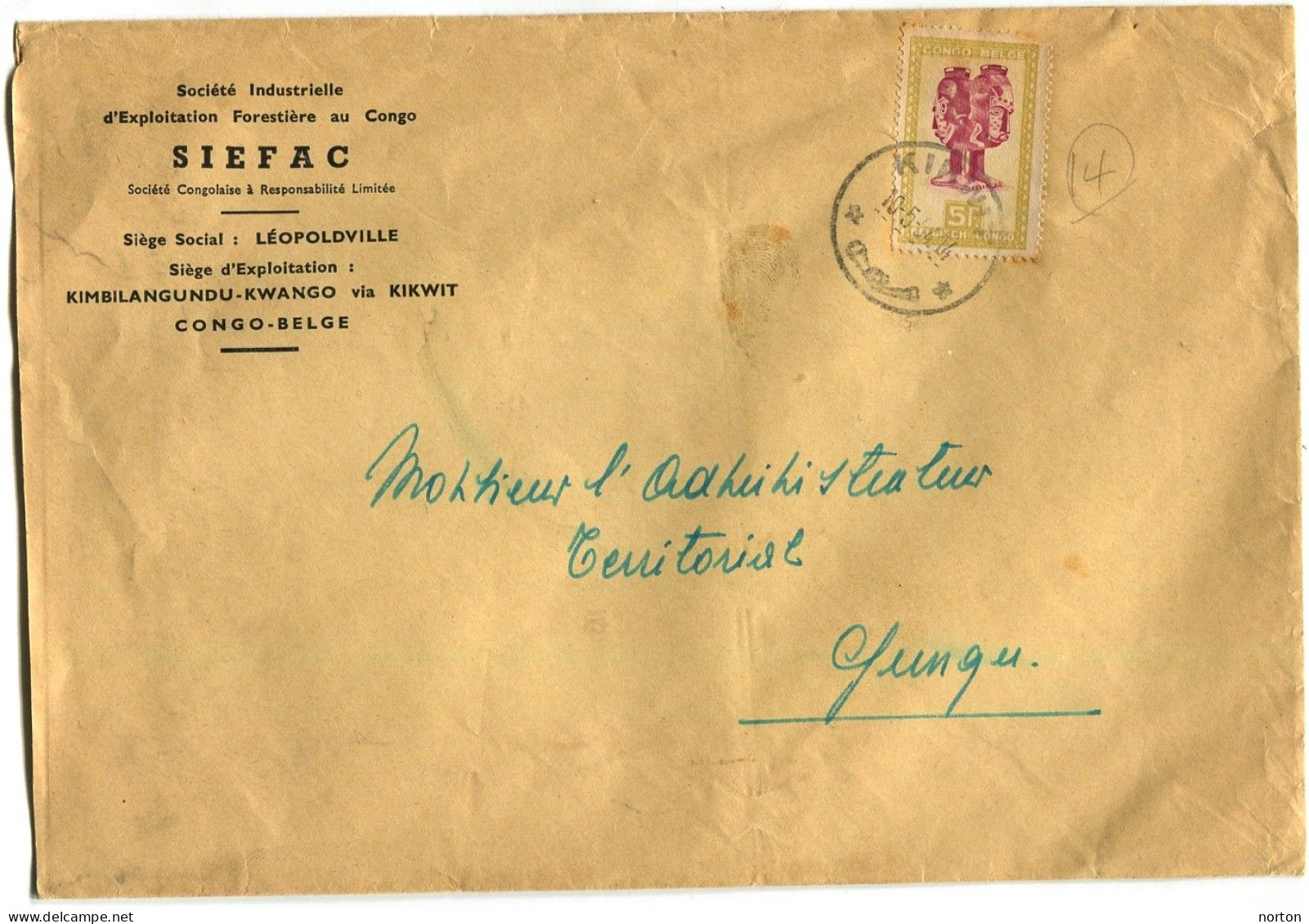 Congo Kikwit Oblit. Keach 8A2 Sur C.O.B. 290 Sur Lettre Vers Gungu Le 10/05/1954 - Briefe U. Dokumente