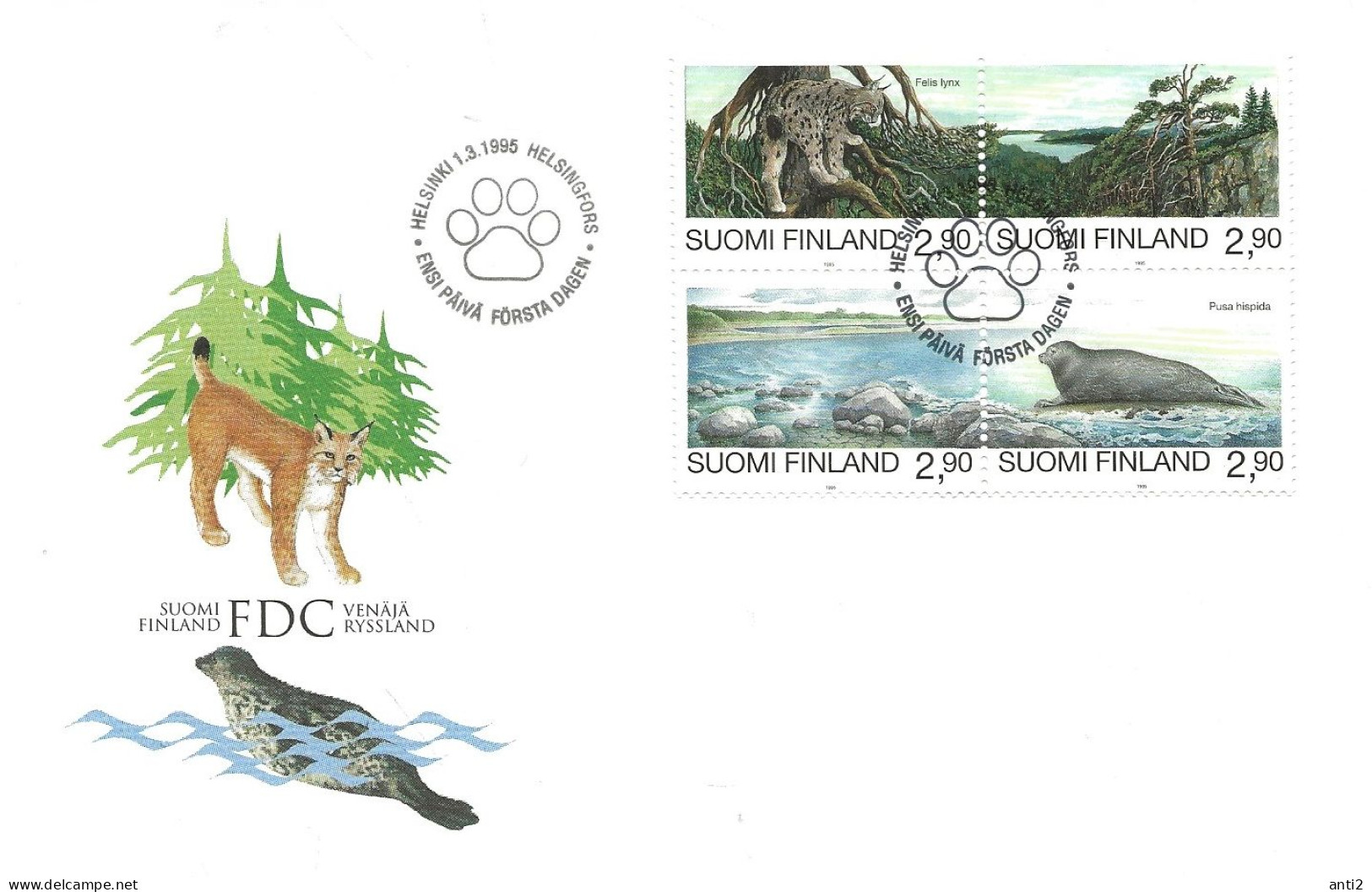 Finland   1995  Nature Conservation, Eurasian Lynx, Lapland Tundra, Baltic Coast ,Ringed Sea, Mi 1291-94 Two Pairs  FDC - Storia Postale