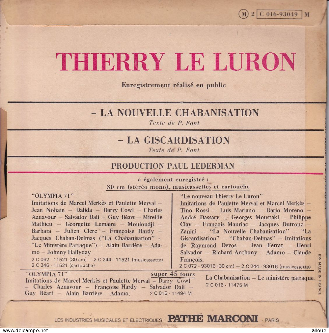 THIERRY LE LURON - FR SG - LA NOUVELLE CHABANISATION + 1 - Humor, Cabaret