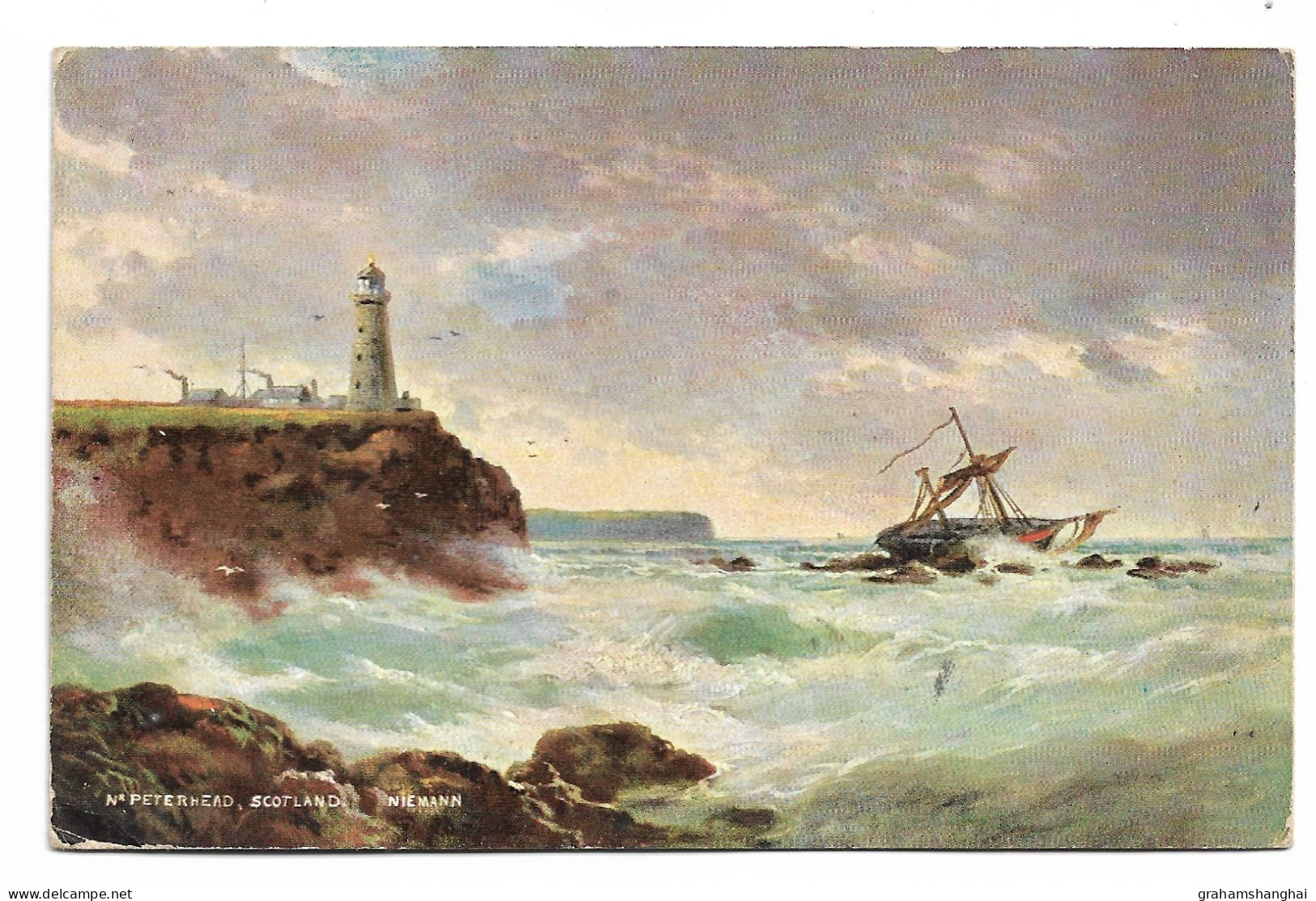 Postcard UK Scotland Aberdeenshire Peterhead Lighthouse Wrecked Ship By Neimann Published Hildesheimer Posted 1905 - Aberdeenshire