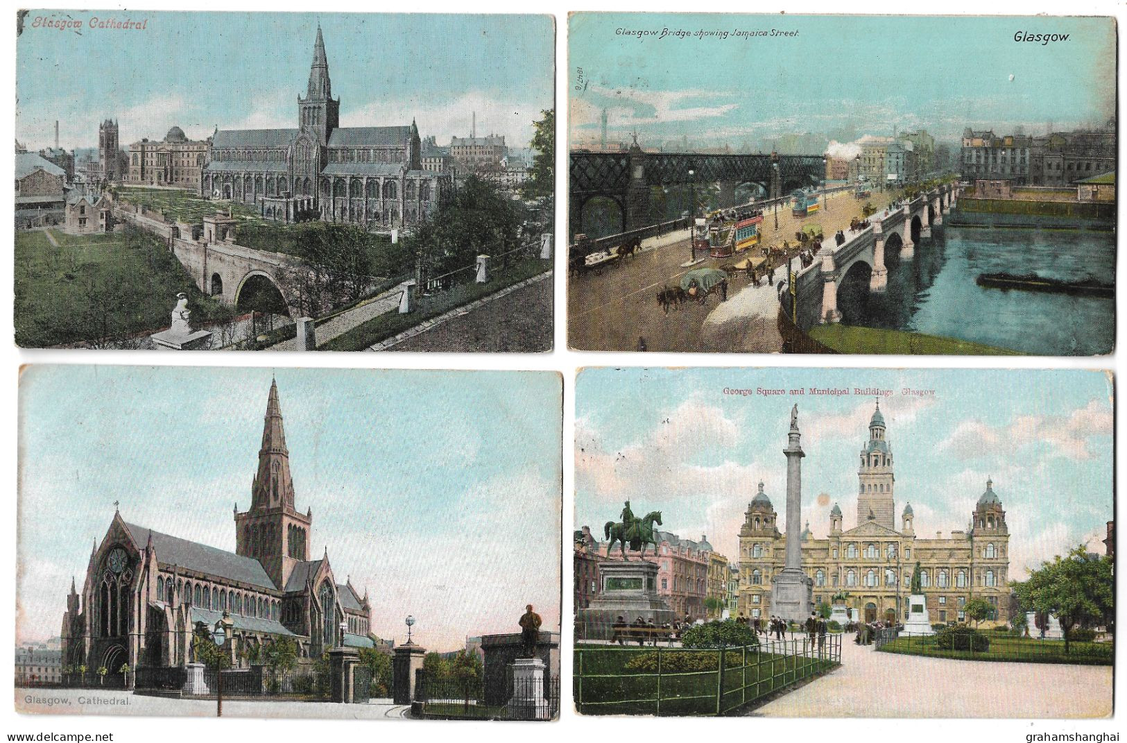 4 Postcards Lot UK Scotland Glasgow Bridge Cathedral George Square Municipal Building Posted 1904-1907 - Lanarkshire / Glasgow