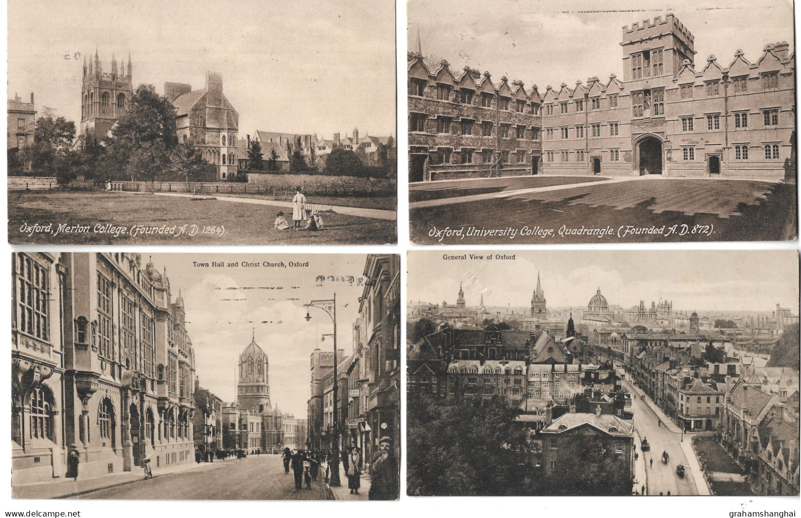 4 Postcards Lot UK Oxfordshire Oxford Merton & University Colleges Town Hall & Christ Church General View Posted - Oxford