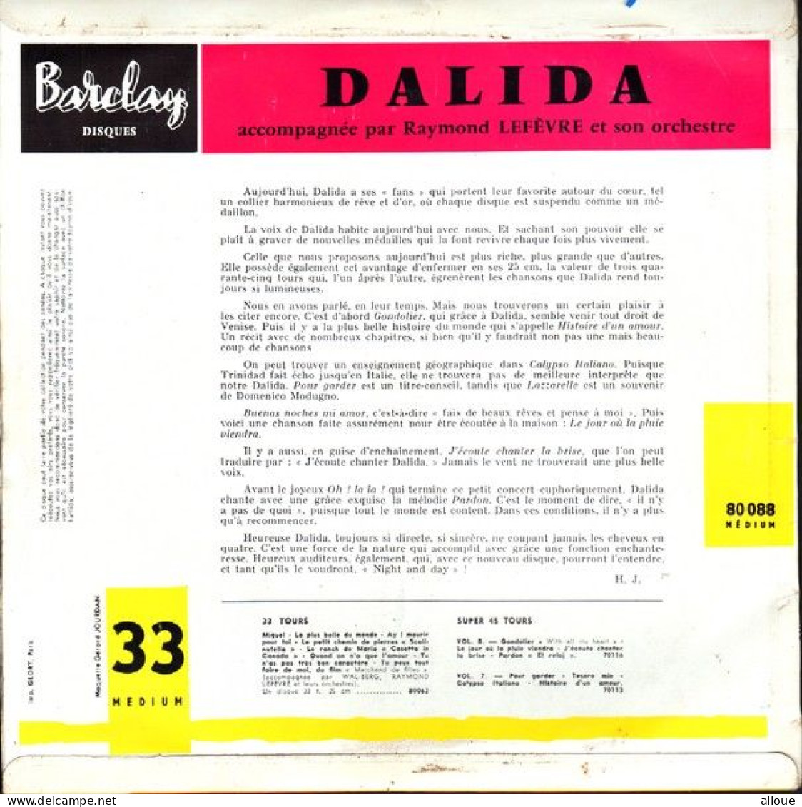 DALIDA  - FR 25 Cm  - GONDOLIER  + 9 - Formats Spéciaux