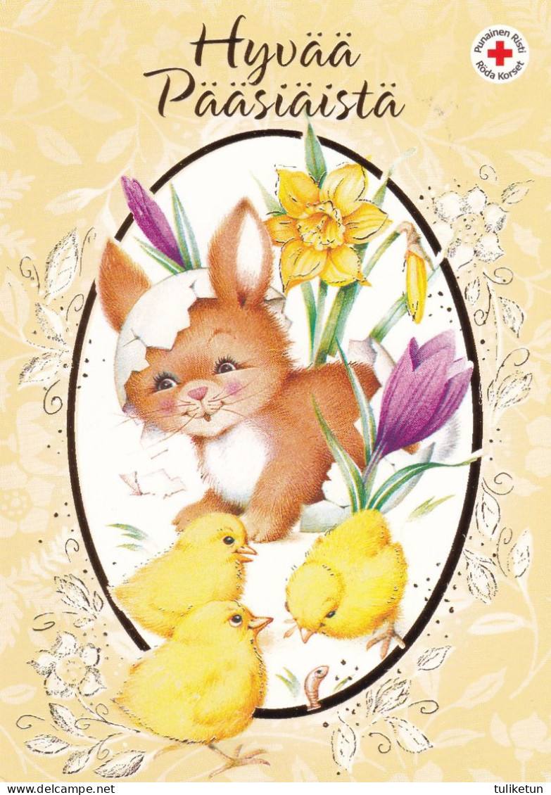 Postal Stationery Easter Flowers - Bunny Playing With Chicks - Red Cross - Suomi Finland - Postage Paid - Postwaardestukken