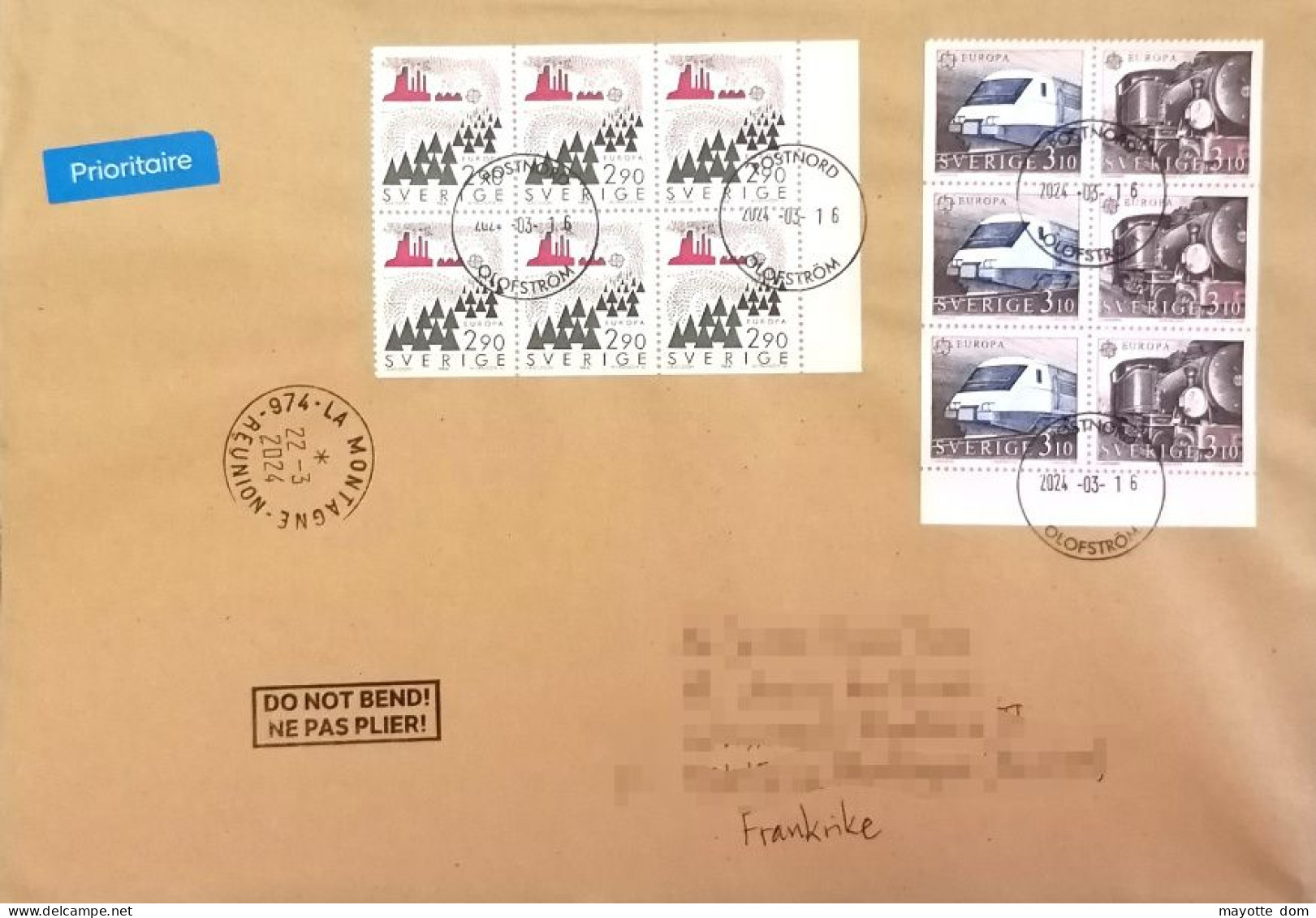 SUEDE SWEDEN 2024 EUROPA CEPT 1986 1988 OLOFSTROM Nature Train Cover To FRANCE Reunion - Lettres & Documents