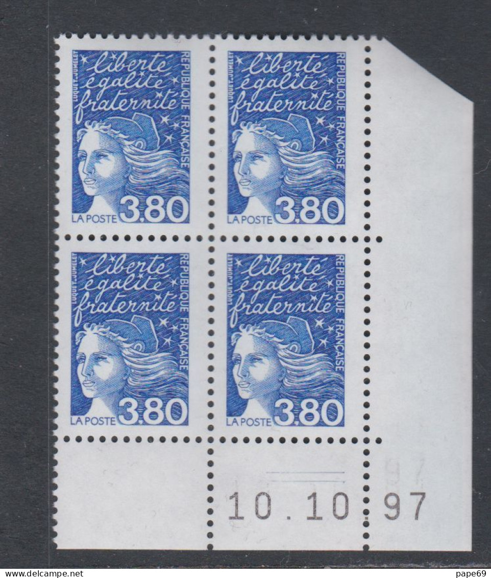 France N° 3093 XX  Luquet 3 F. 80 Bleu En Bloc De 4 Coin Daté Du 10 . 10 . 97 ;  Sans Charnière , TB - 1990-1999