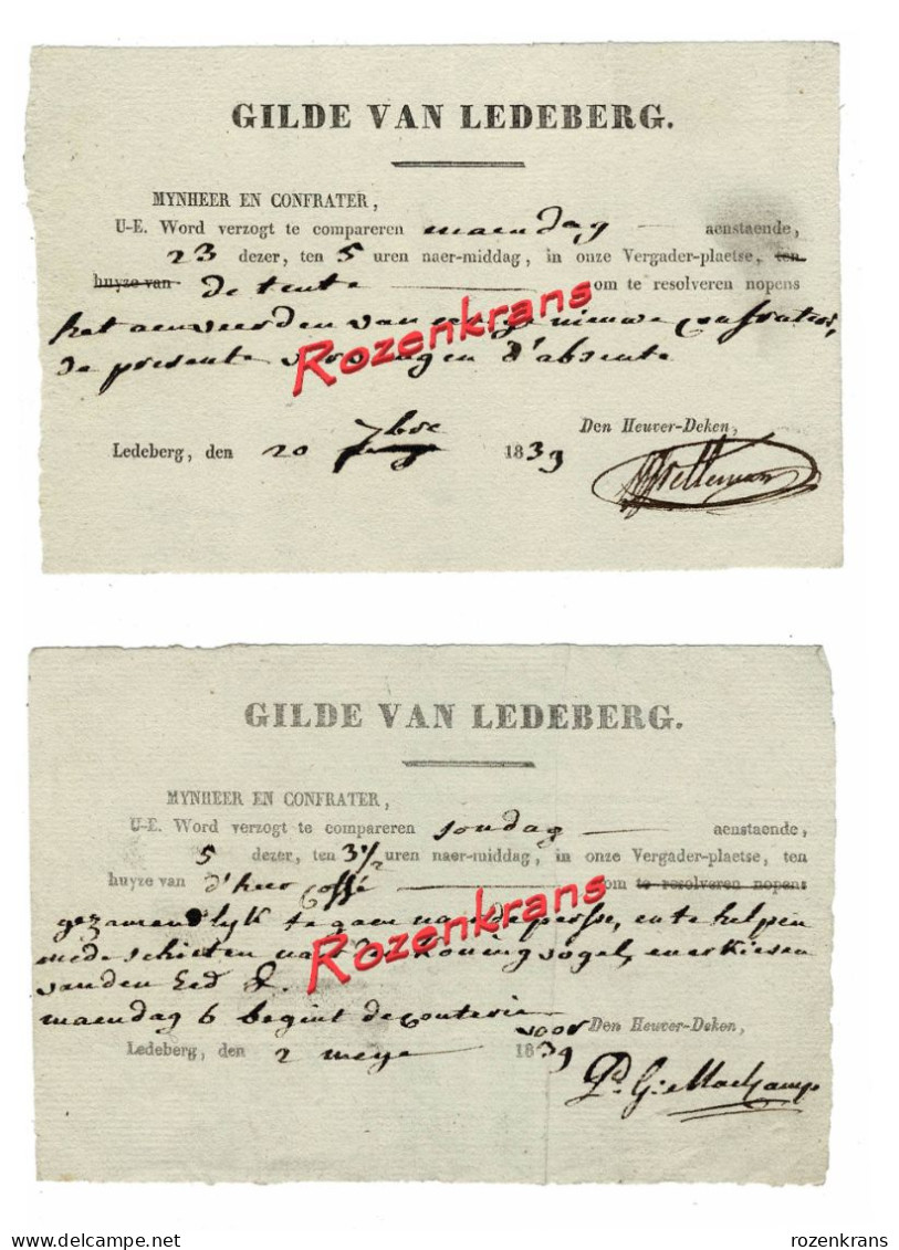 2 Oude Documenten Uitnodiging Schuttersgilde Ledeberg Gent 1839 Nieuwe Confrator Schieten Der Koningsvogel Eedaflegging? - Manuskripte