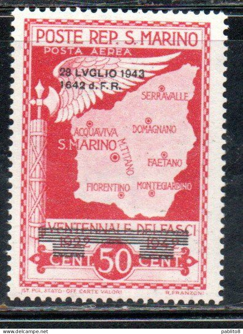 SAN MARINO  1943 CADUTA DEL FASCISMO AEREA FASCISM FALL AIR MAIL CENT. 50 MNH - Ongebruikt