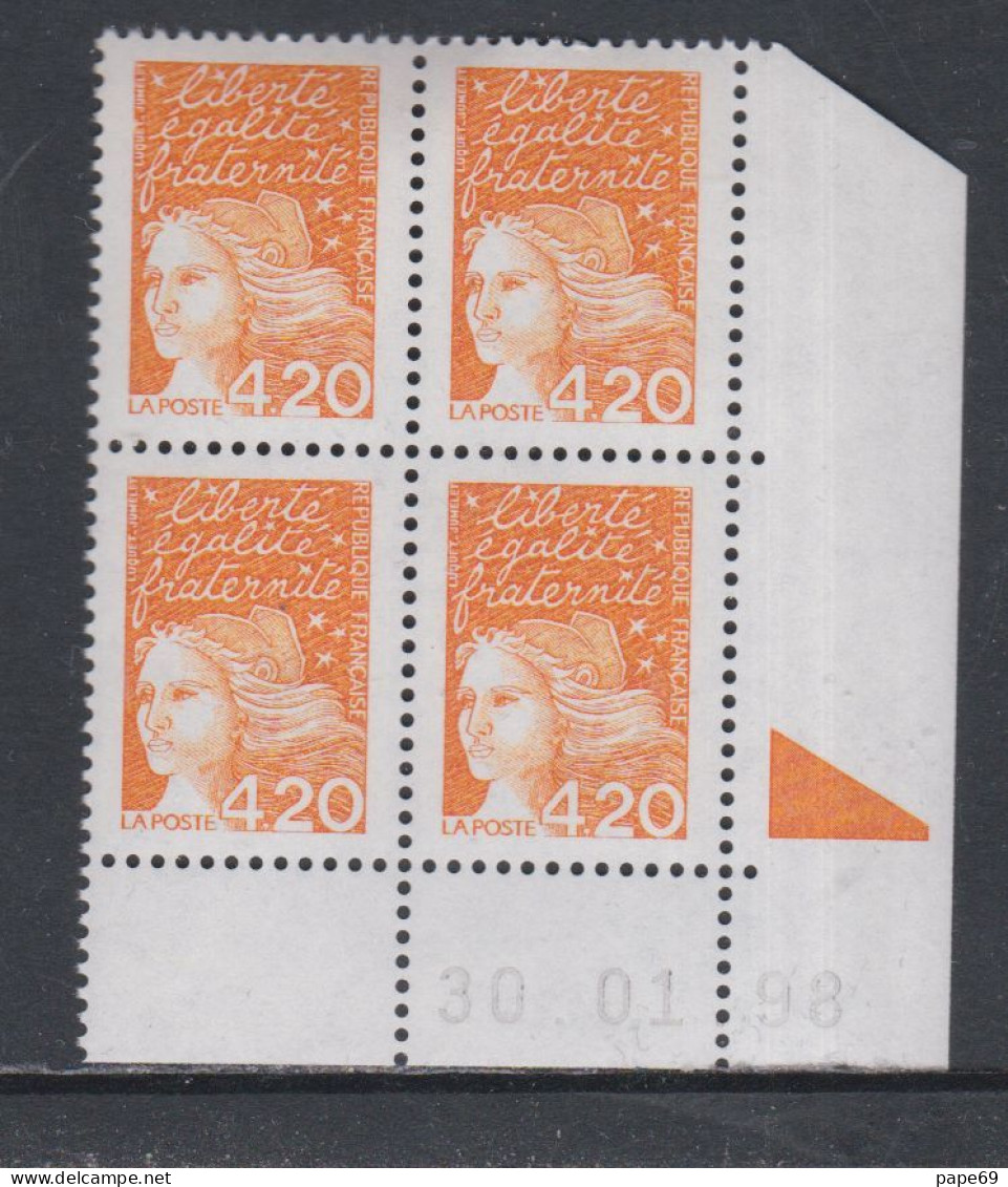 France N° 3094 XX  Luquet 4 F. 20 Orange En Bloc De 4 Coin Daté Du 30. 01 . 98 ; 1 Triangle Gomme Lég. Altérée Sinon TB - 1990-1999