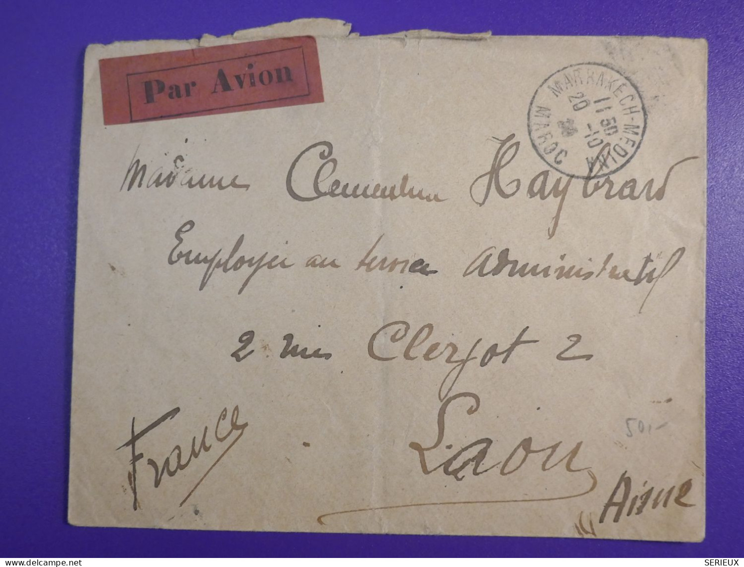 DM3  MAROC  BELLE LETTRE   1920 MARRAKESH A LAON  FRANCE  +AFF.   INTERESSANT+ + - Storia Postale