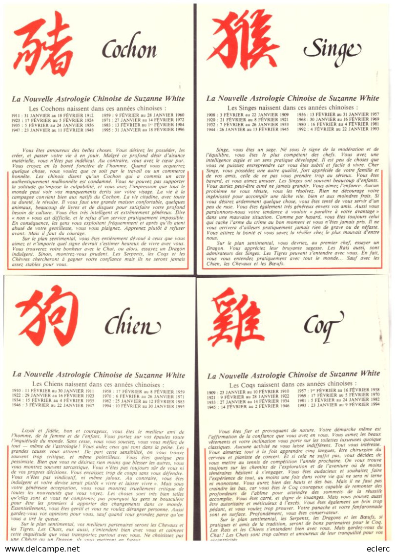 ASTROLOGIE CHINOISE - 12 CARTES 10x15cm - LA NOUVELLE ASTROLOGIE CHINOISE DE SUZANNE WHITE - TB - Astrología