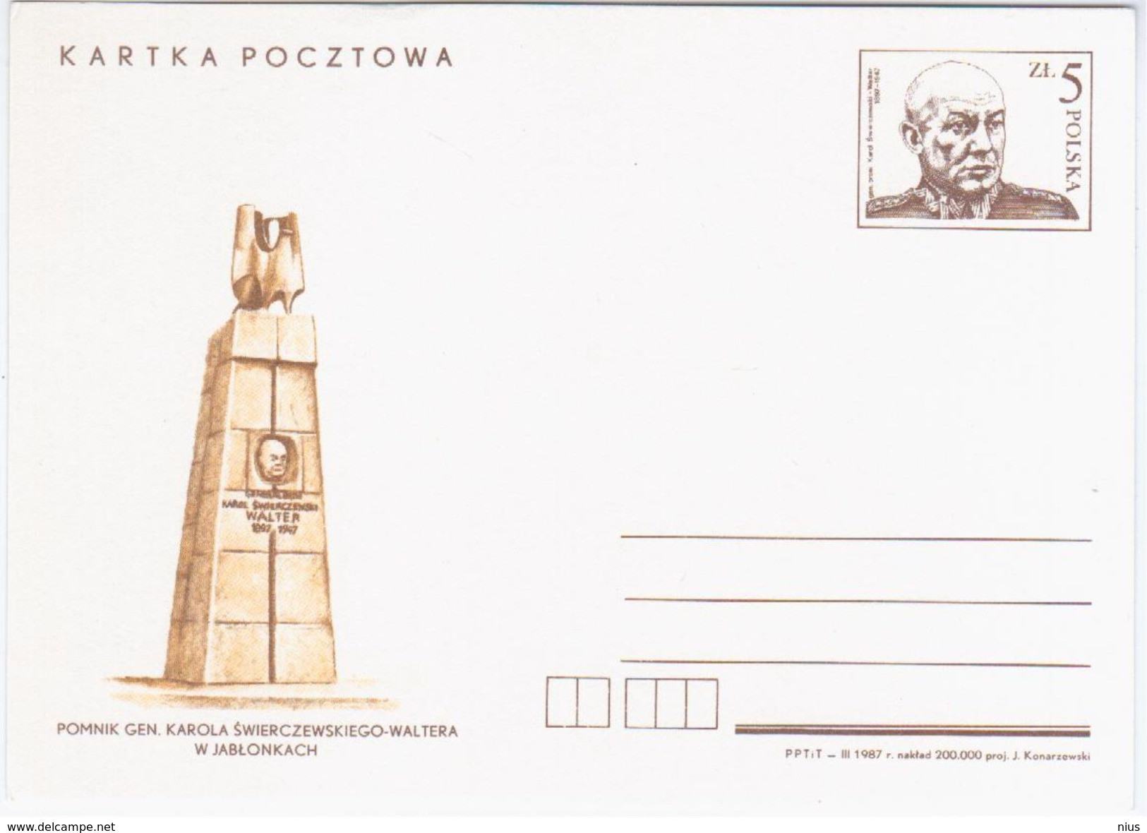 Poland Polska 1987 Monument To Karol Swierczewski-Walter, Jablonki, Red Army General, Jewish - Stamped Stationery