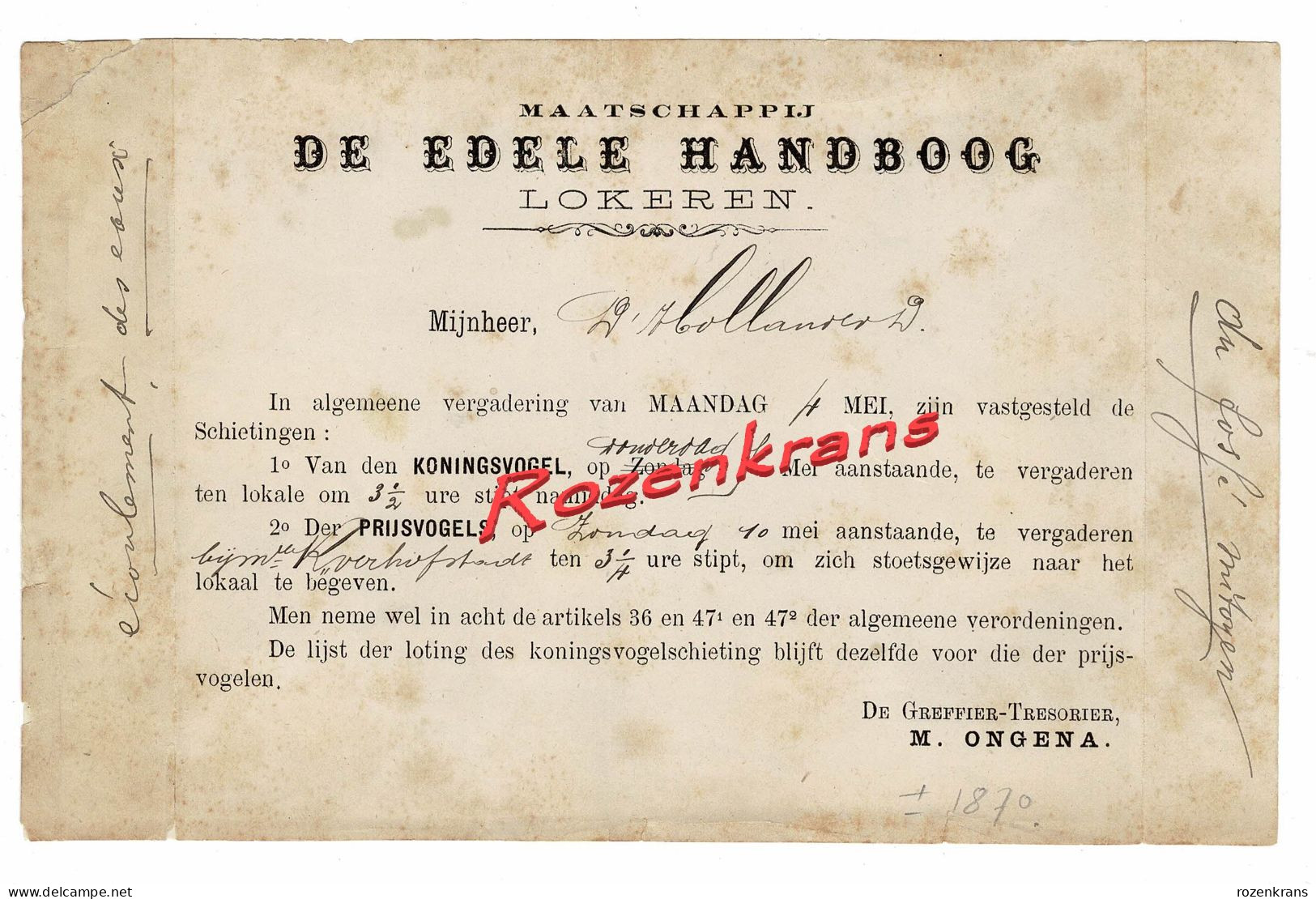 Uitnodiging Schuttersgilde Maatschappij De Edele Handboog Lokeren Schieten Der Koningsvogel Prijsvogels Stoet (+/- 1870) - Manuscritos