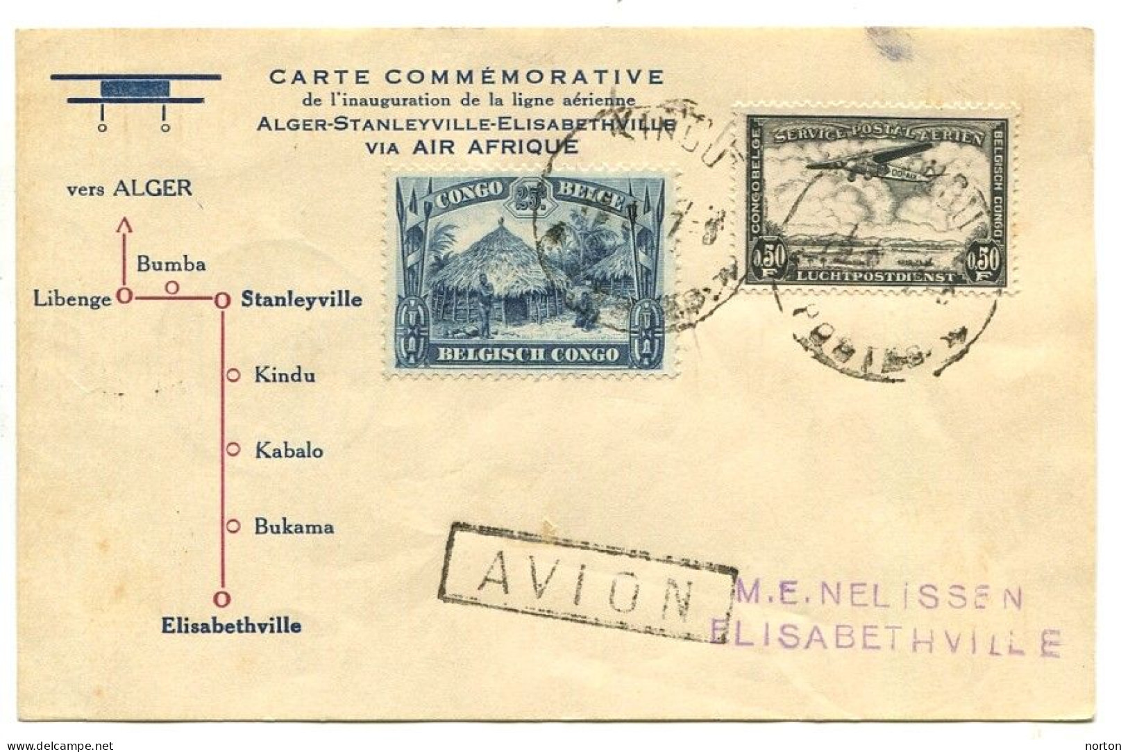 Congo Kindu Oblit. Keach 7A2 Sur Carte Commémorative De L'inaugu. De La Ligne Aér. Alger - Stanleyville - Elisabethville - Covers & Documents