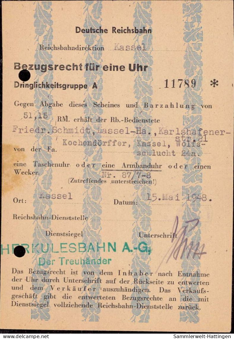 604075 | Dokument, Bezugsschein Für Eine Uhr Mit Dienststempel Der Herkulesbahn, Eisenbahn  | Kassel (W - 3500), -, - - Horlogerie