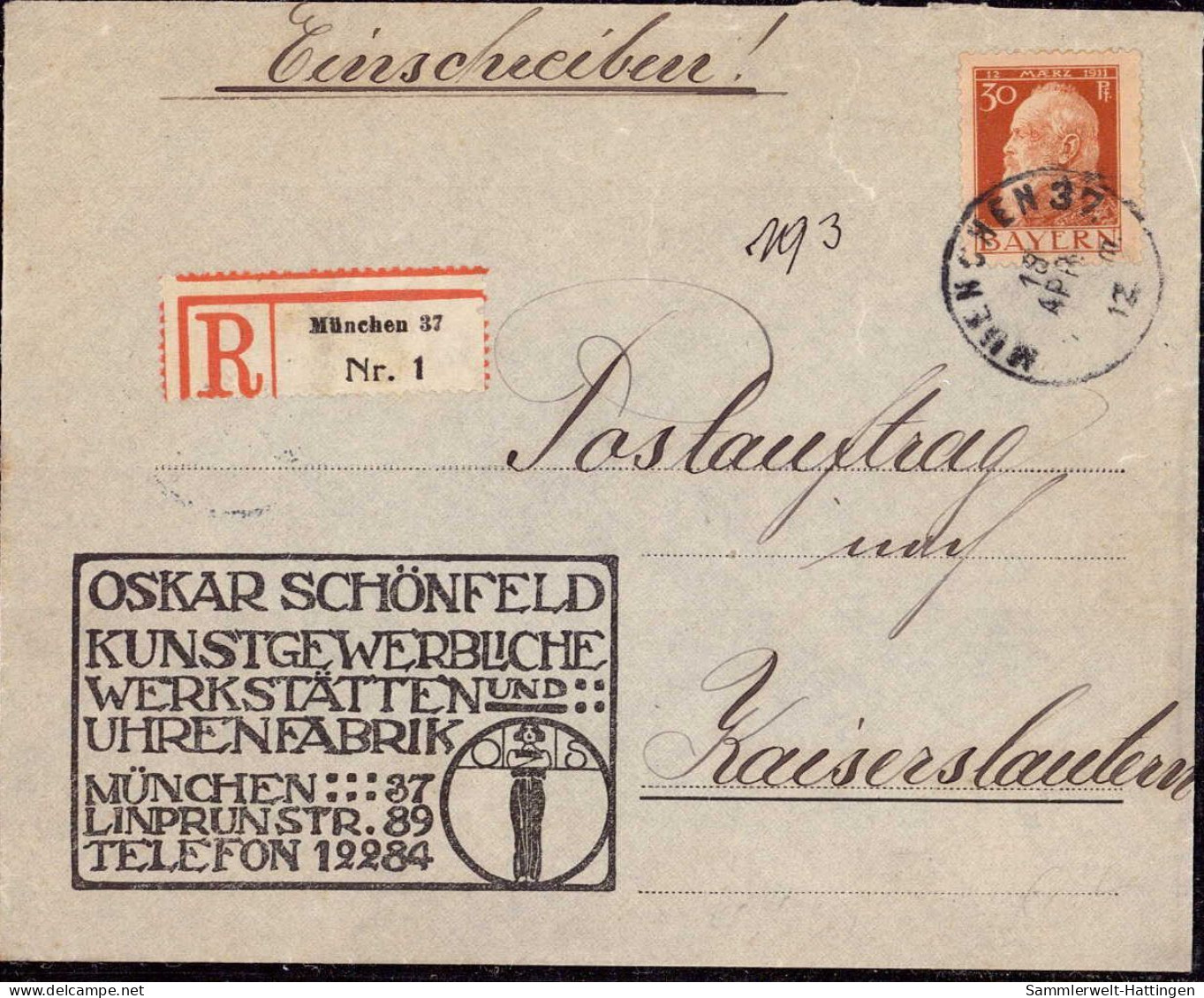 604082 | Dekorativer Brief Der Kunstgewerblichen Werkstätte Und Uhrenfabrik Oskar Schönfeld | München (W 8000) - Relojería
