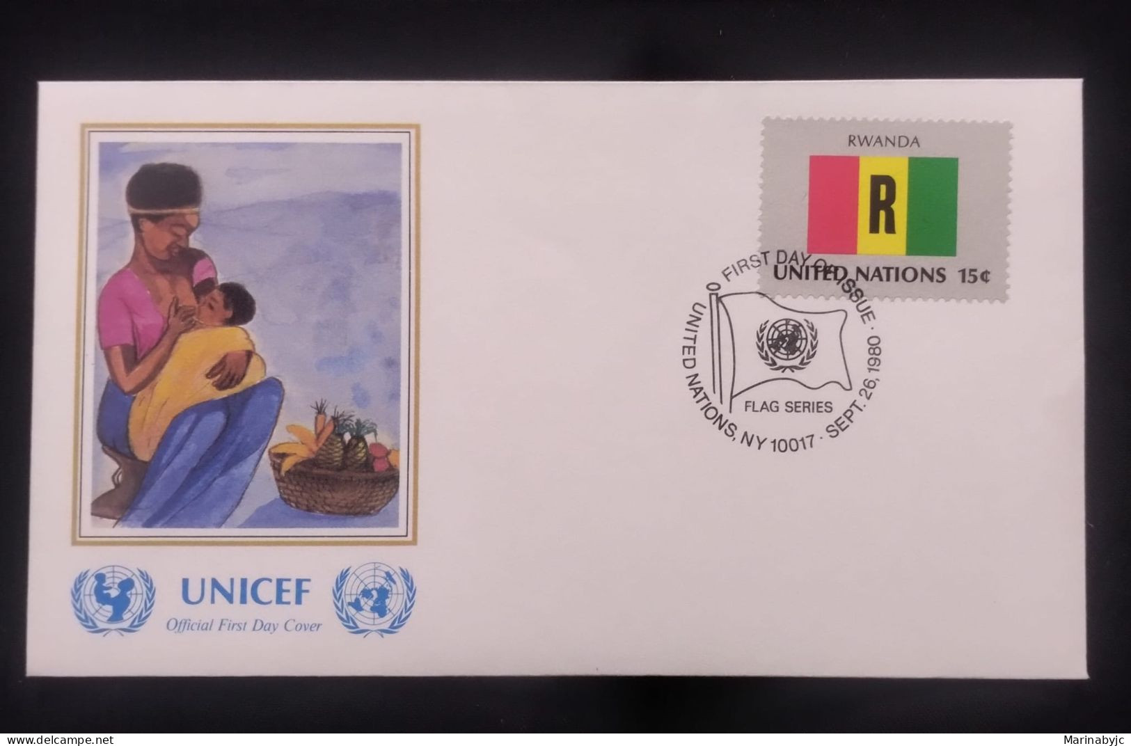 EL)1980 UNITED NATIONS, NATIONAL FLAG OF MEMBER COUNTRIES, RWANDA, UNICEF, MOTHER FEEDING BABY, FDC - Ongebruikt